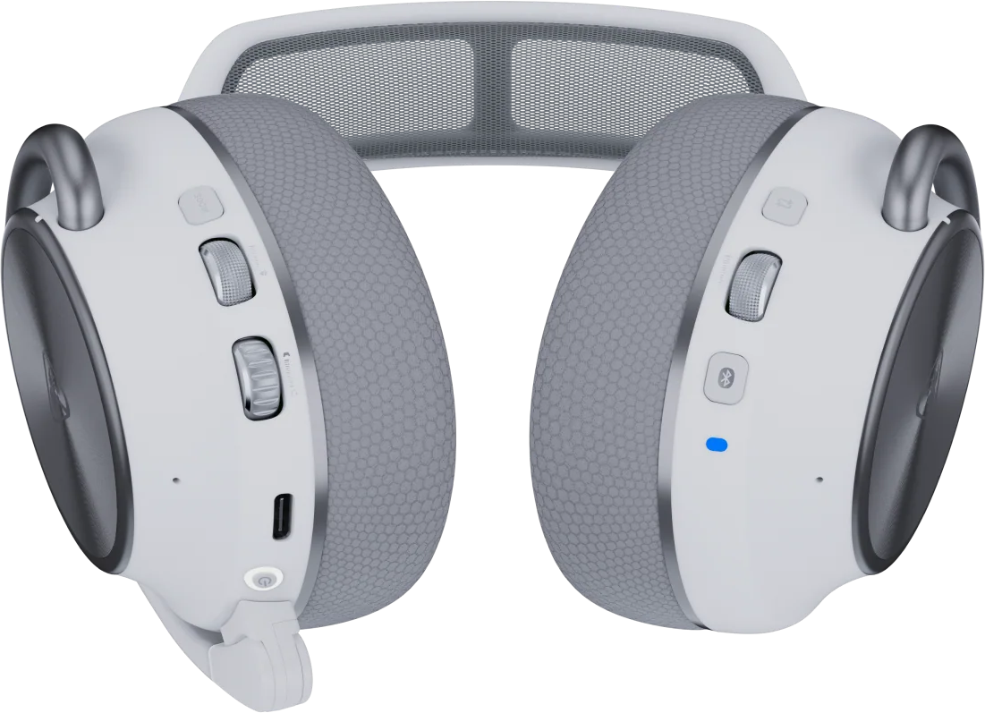Casque circum-auriculaire blanc avec oreillettes grises et accents argentés.