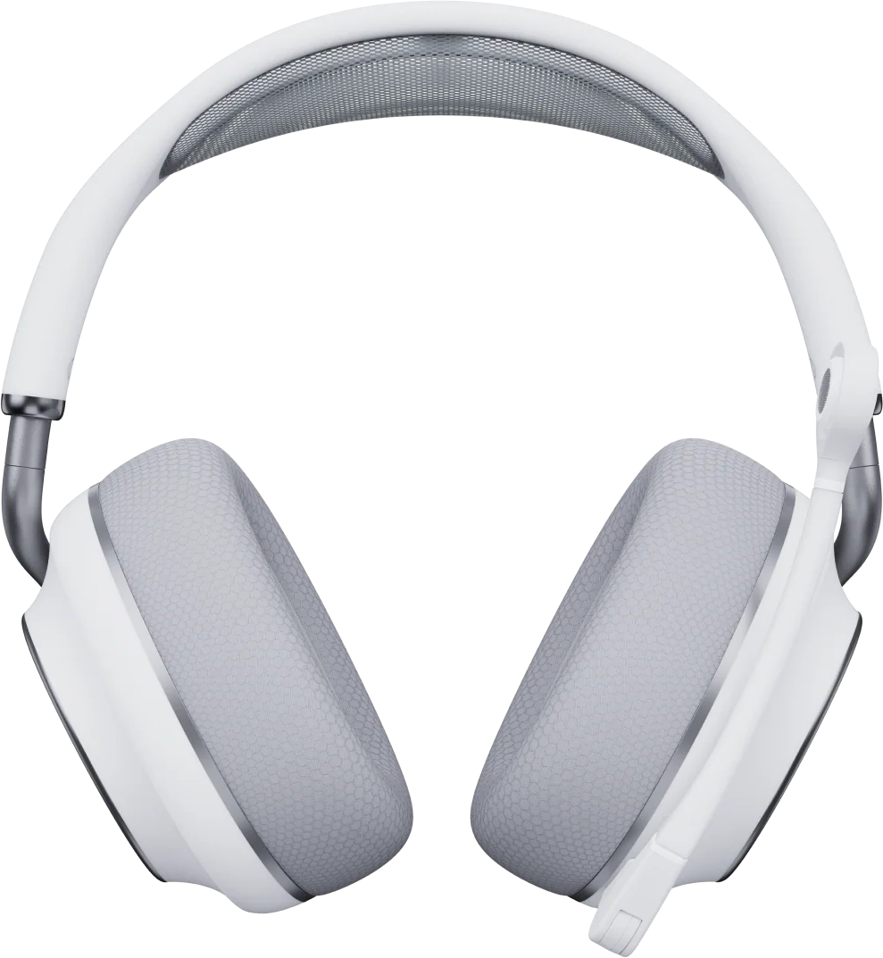 Casque blanc avec coussinets gris et accents argentés sur fond noir.