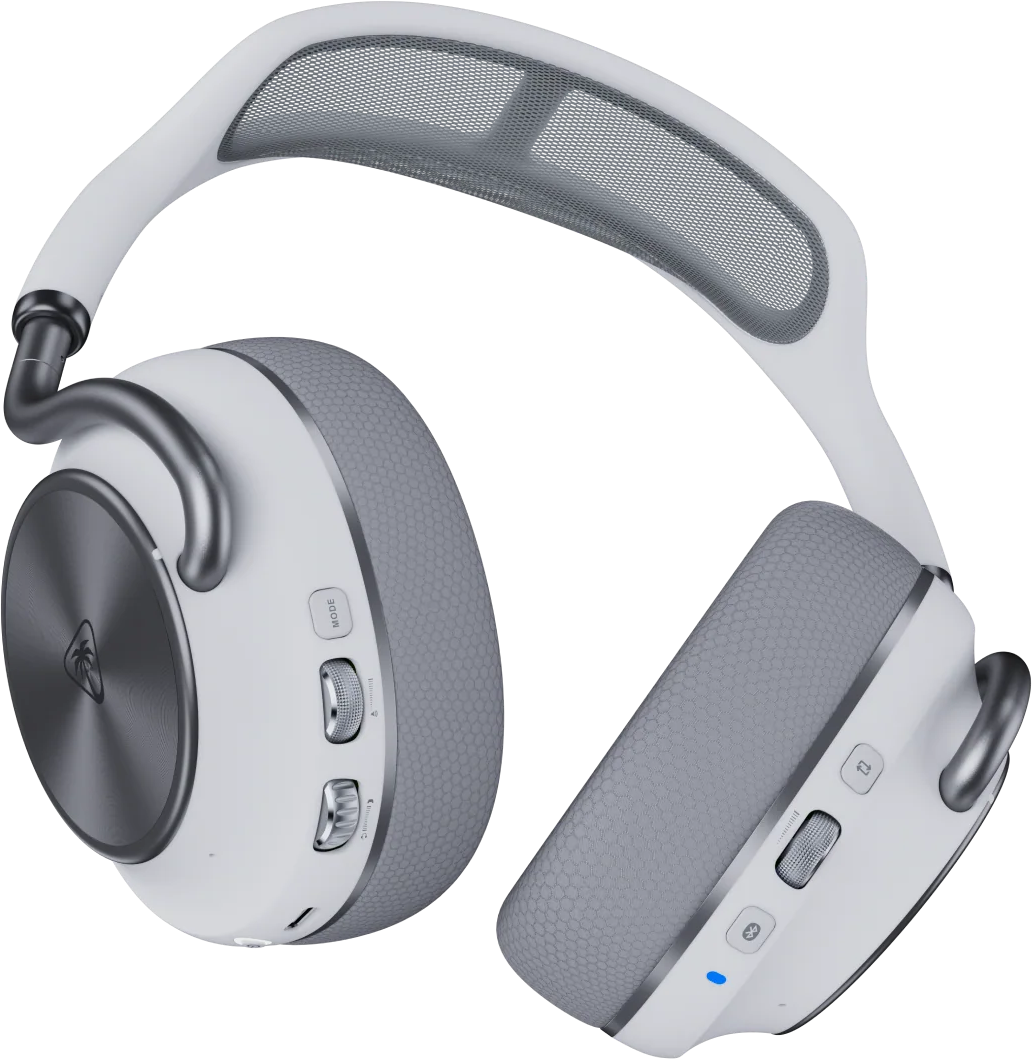 Casque supra-auriculaire blanc et gris à motif alvéolé sur les oreillettes. Fond noir.