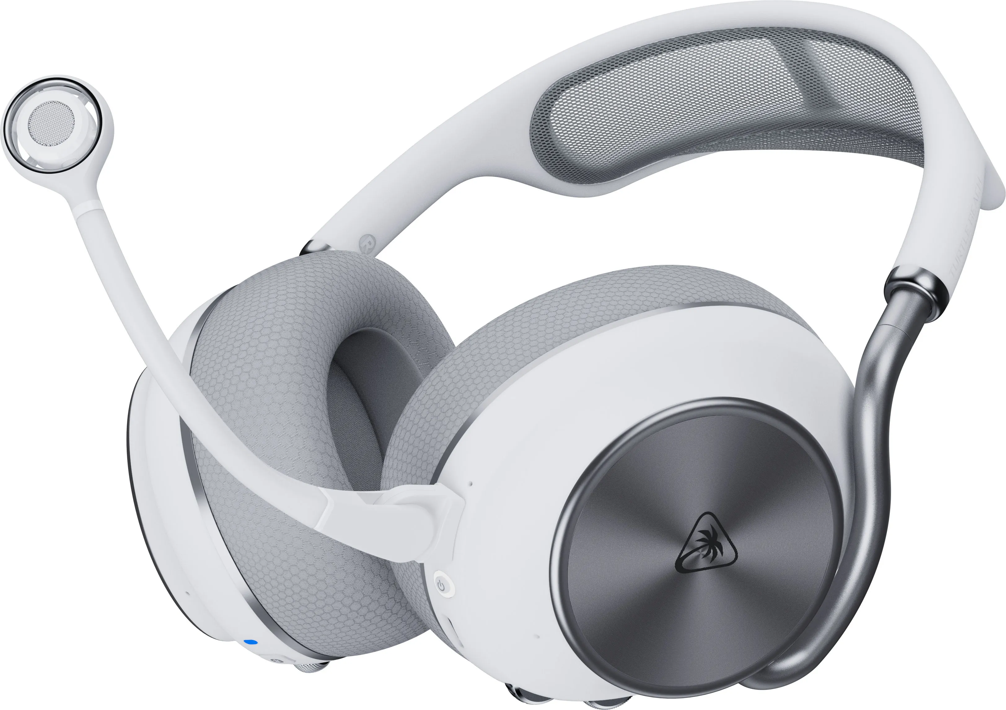 Casque blanc et gris avec microphone et accents argentés.