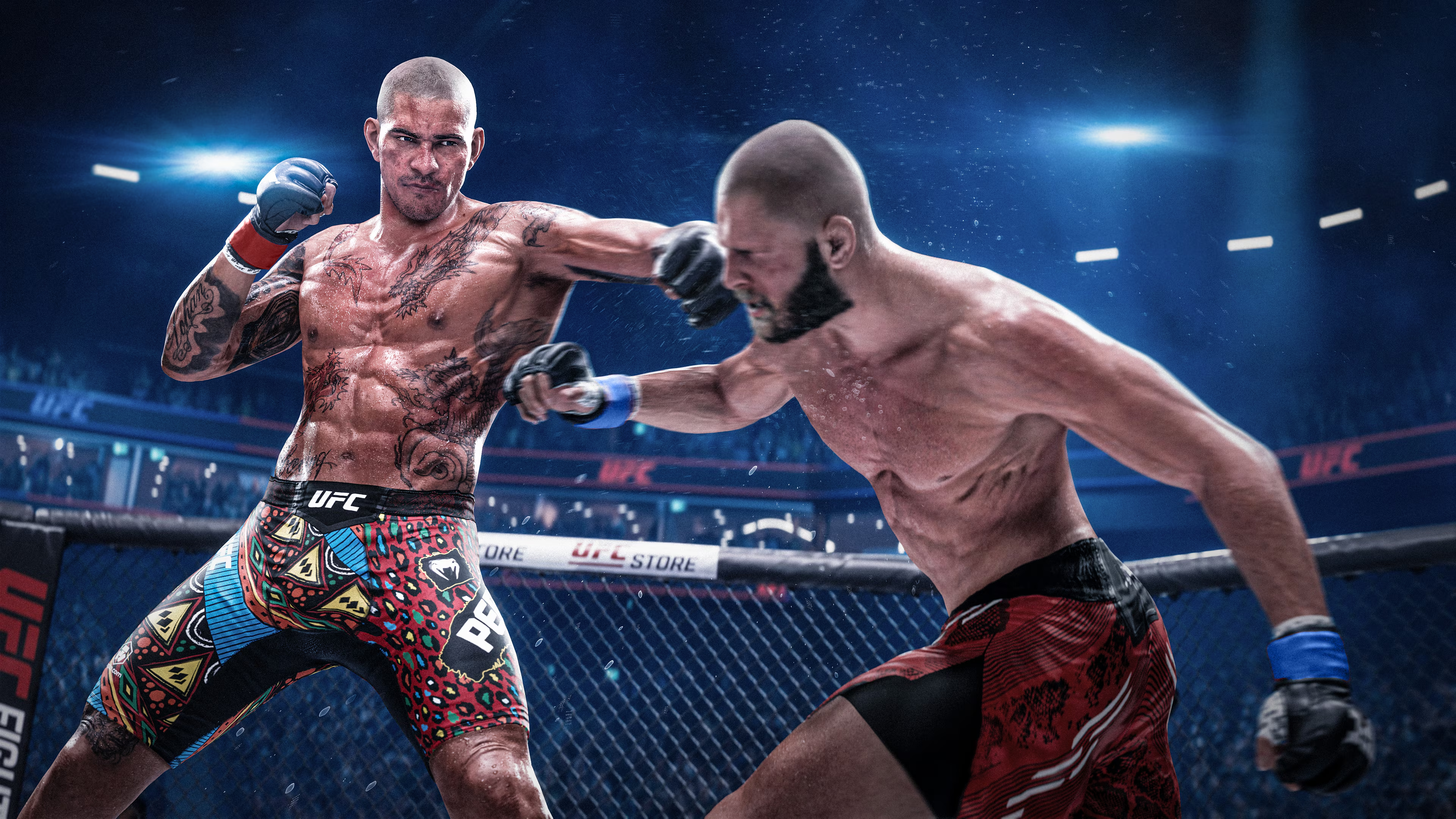 Deux combattants MMA dans l'Octogone, l'un frappe, l'autre bloque. Arène en arrière-plan.