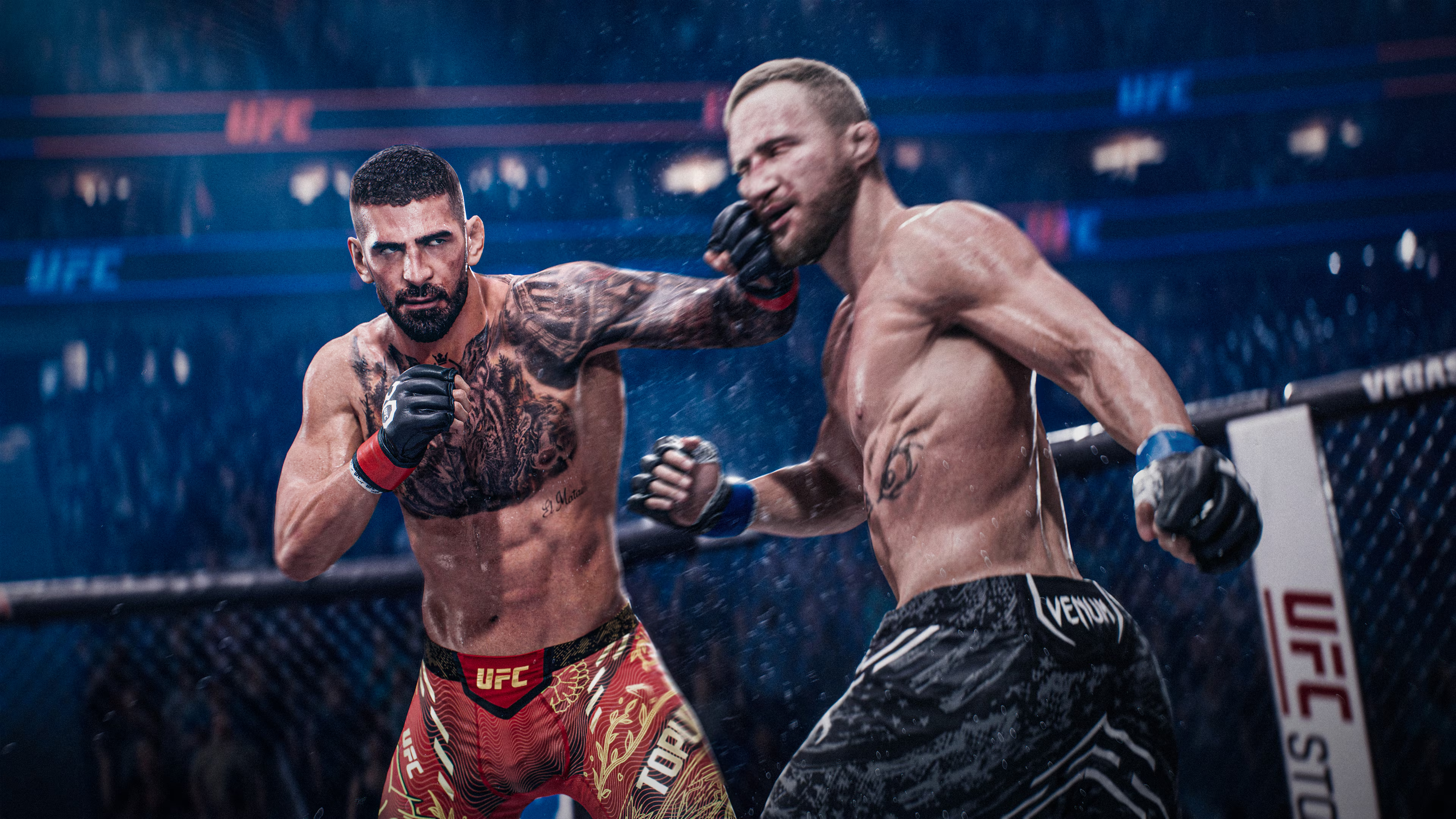 Deux combattants MMA dans un ring. L'un frappe l'autre au visage.