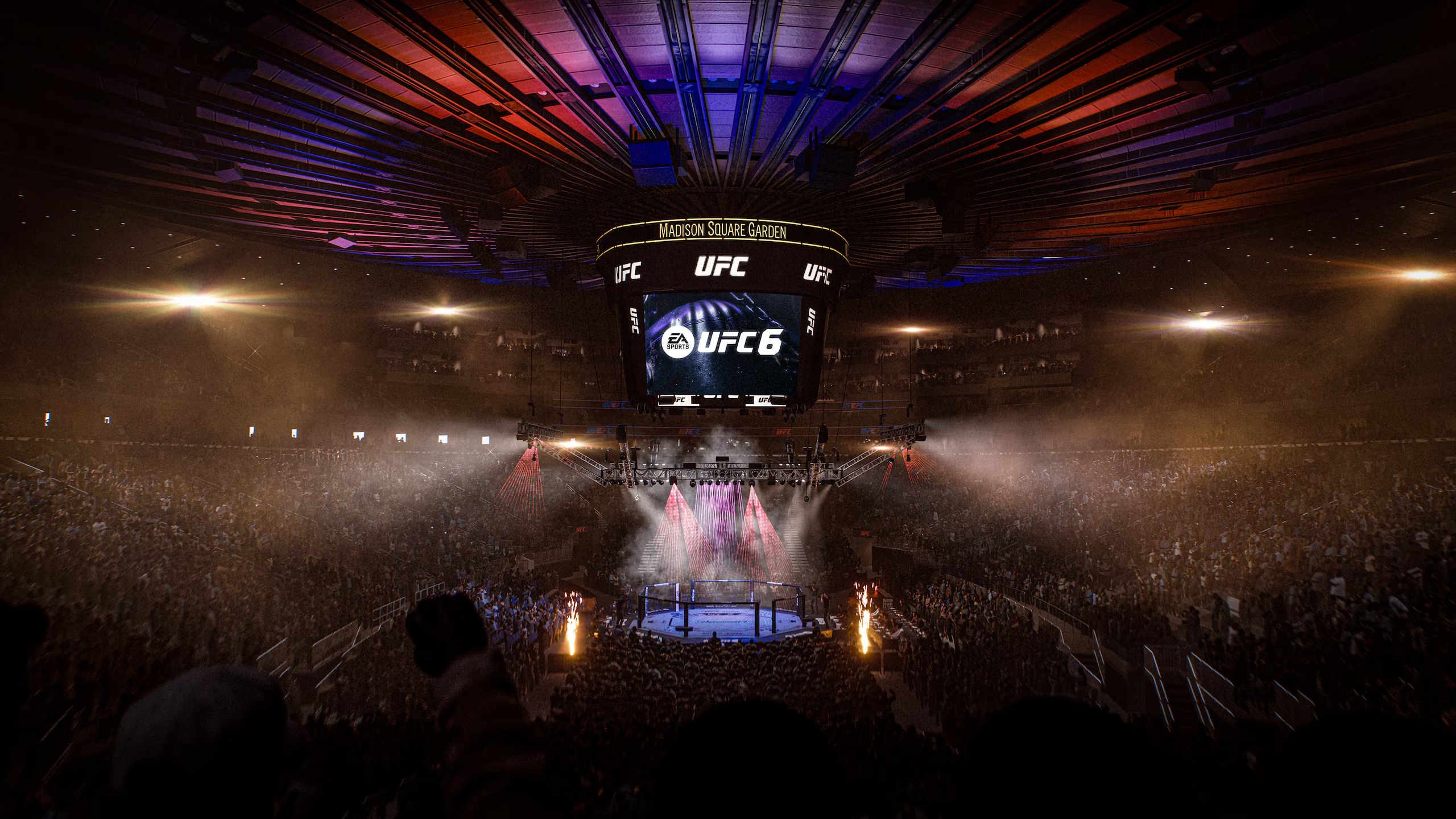 Arène avec ring UFC, éclairée par des projecteurs, spectateurs dans le noir.