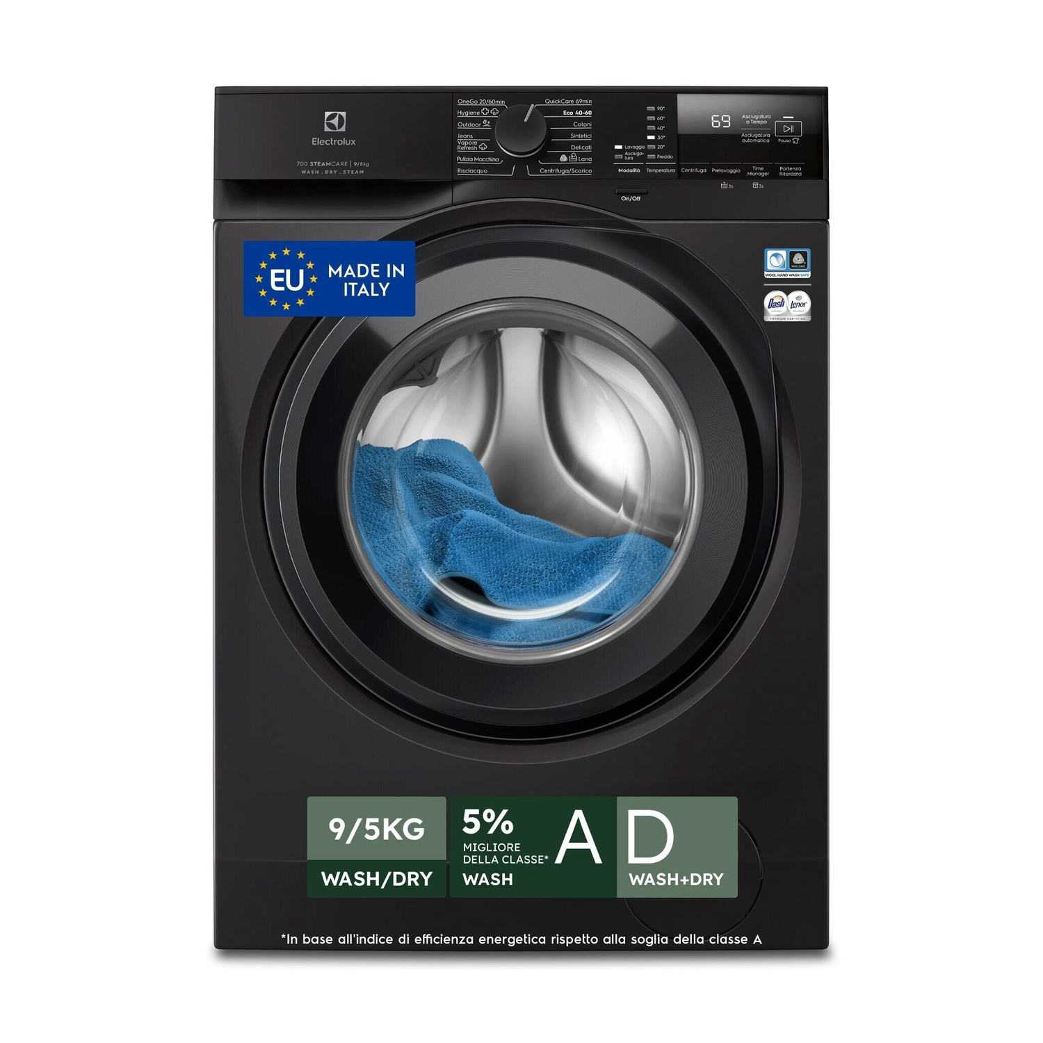 Lavatrice nera con asciugamano blu nel cestello. Classe energetica A/D.