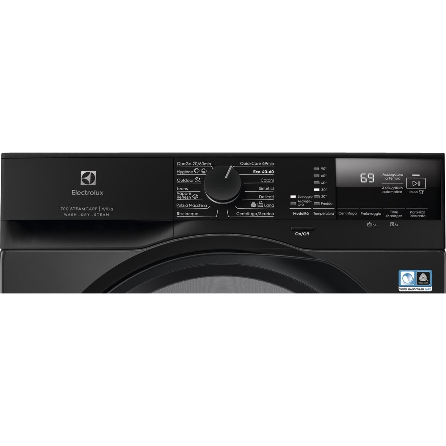 Lavatrice Electrolux nera con pannello digitale e vari programmi di lavaggio.