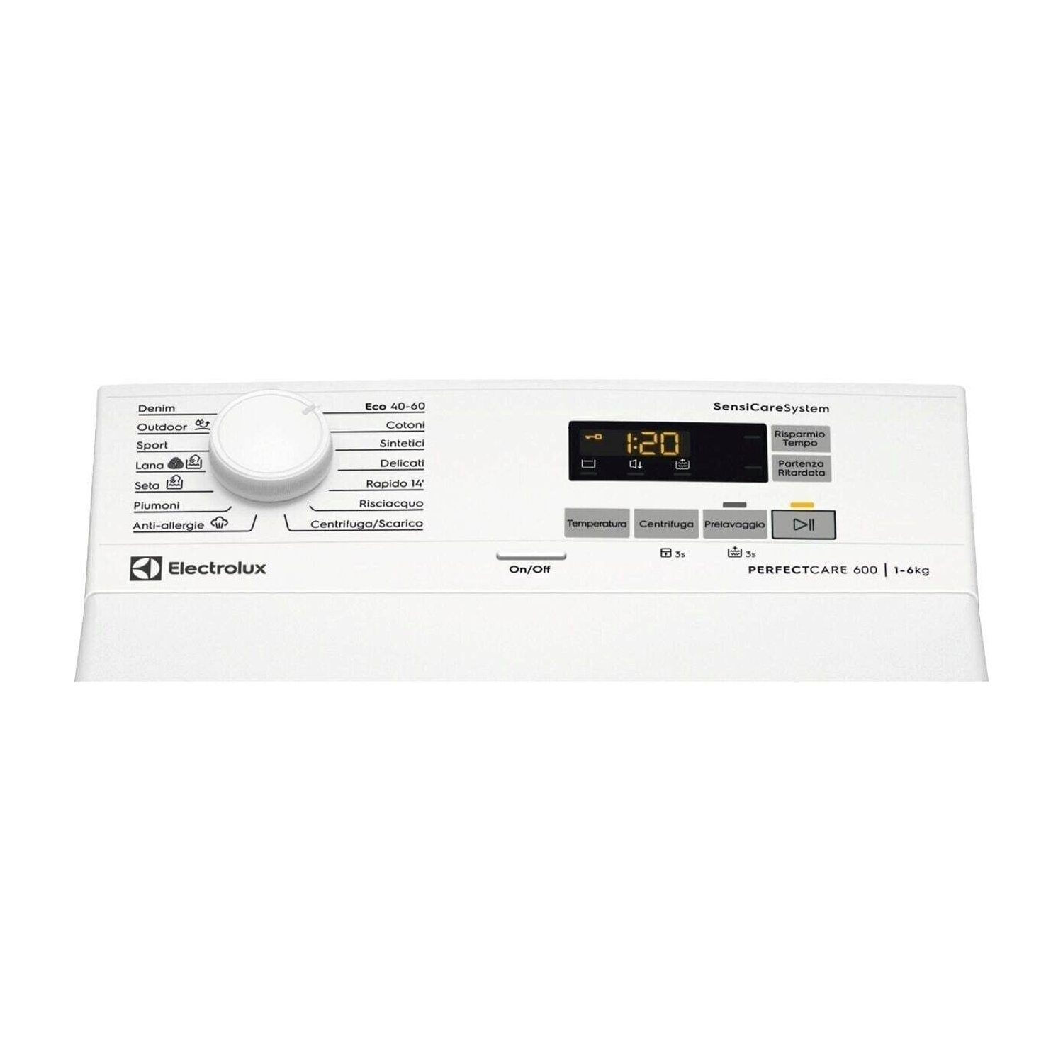 Pannello di controllo di una lavatrice Electrolux bianca con selezione programmi e display digitale.