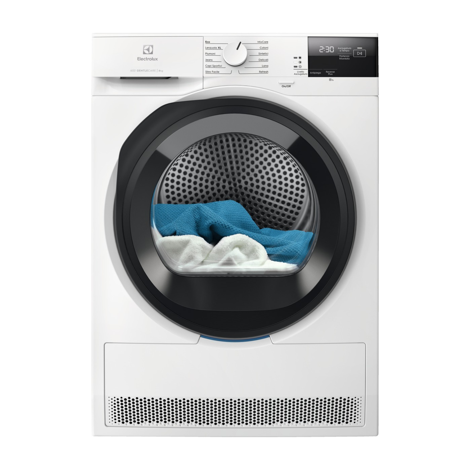 Asciugatrice bianca Electrolux con panni blu e bianchi nel cestello.
