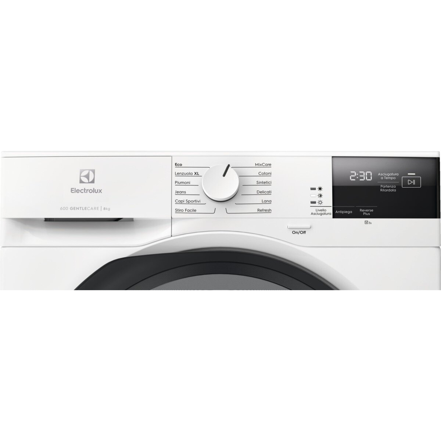Lavatrice Electrolux bianca con selettore programmi e display digitale.