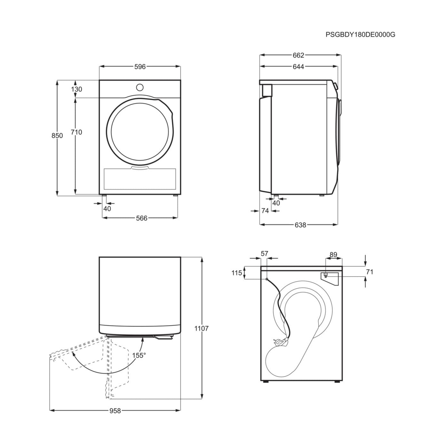 Disegno tecnico di una lavatrice con dimensioni.