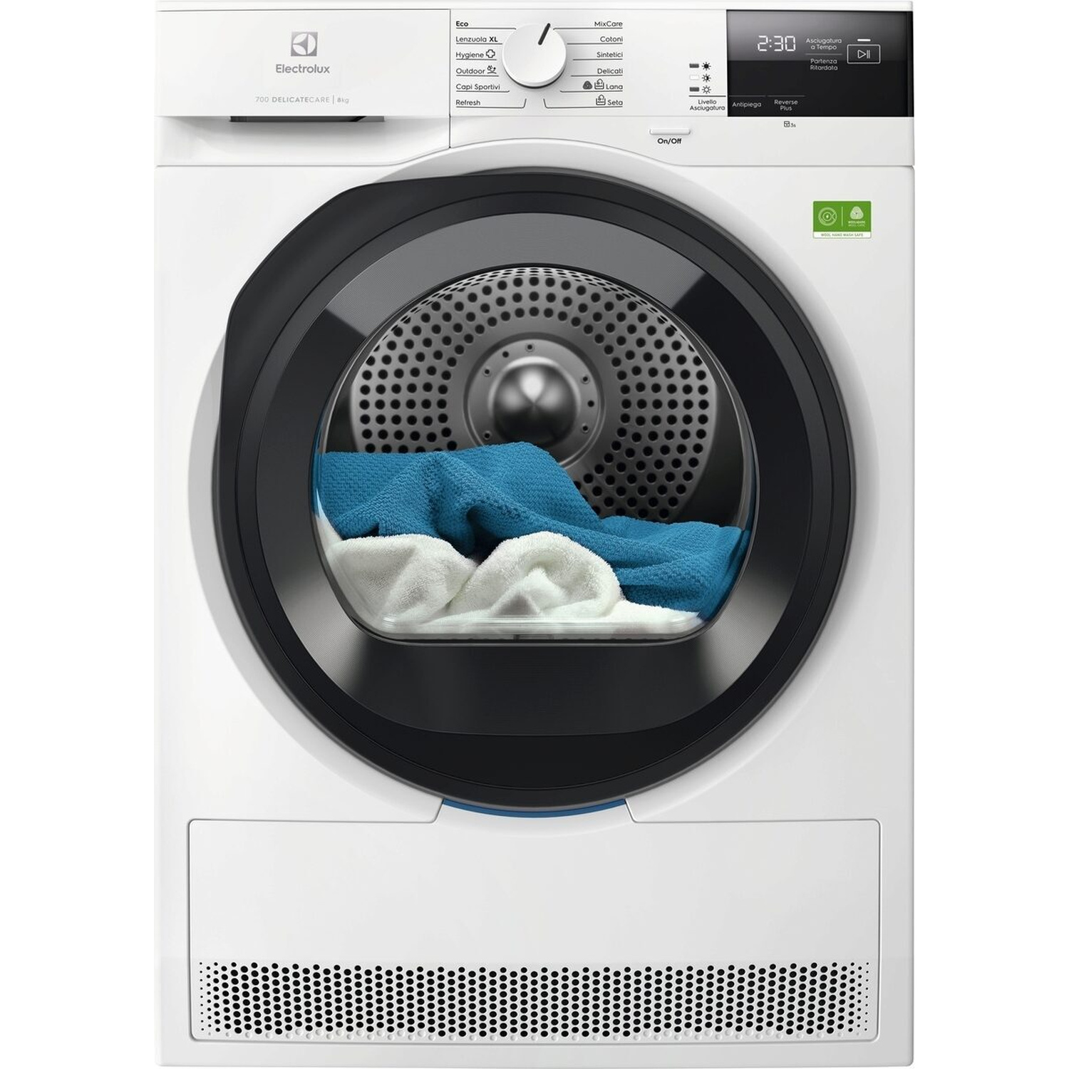 Asciugatrice Electrolux bianca con asciugamani blu e bianchi nel cestello.