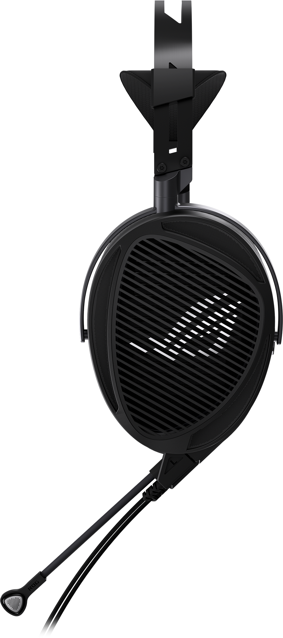 Cuffie da gaming nere con microfono e padiglione rigato.