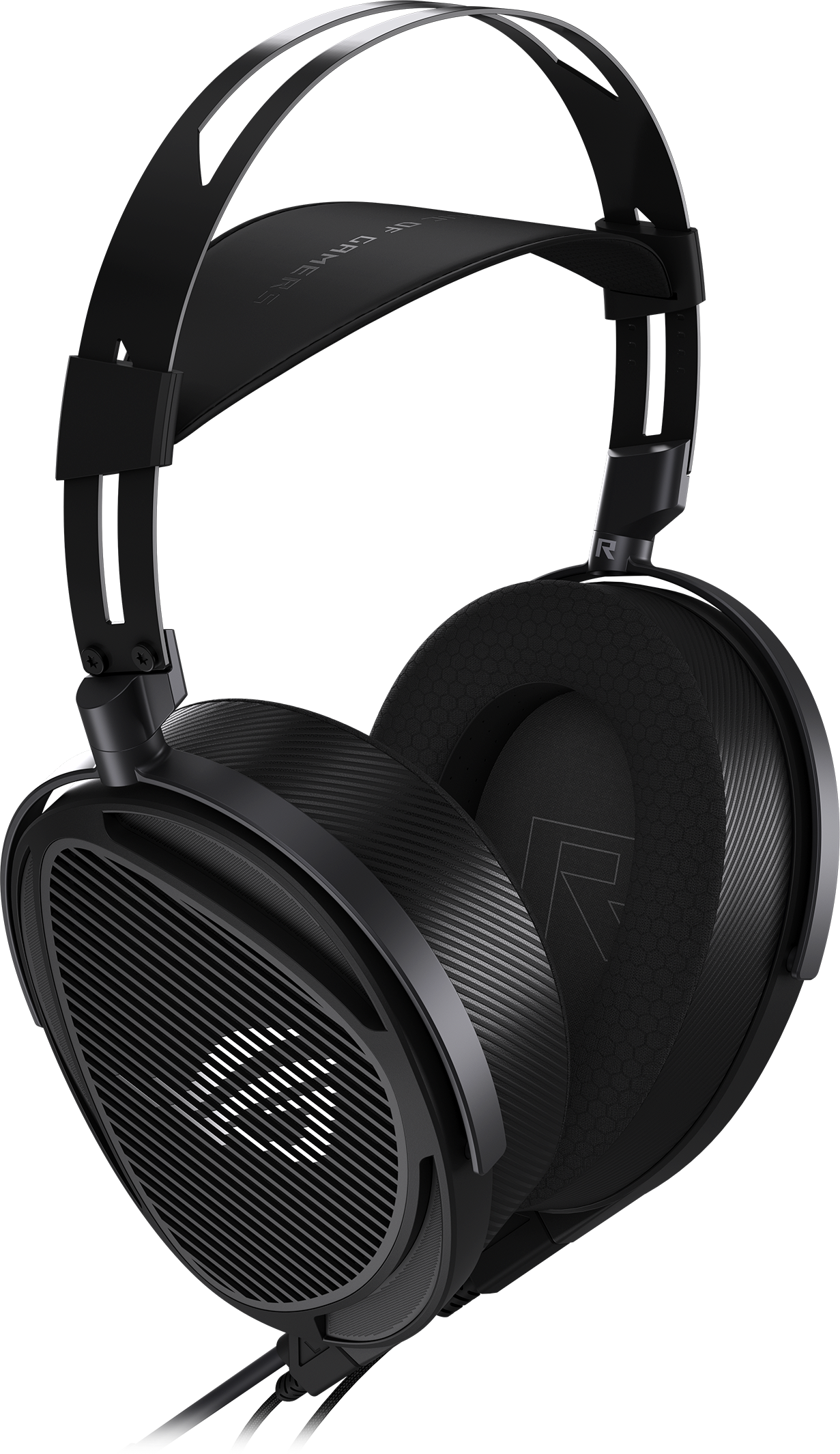 Cuffie da gaming nere con archetto e padiglioni su sfondo nero.