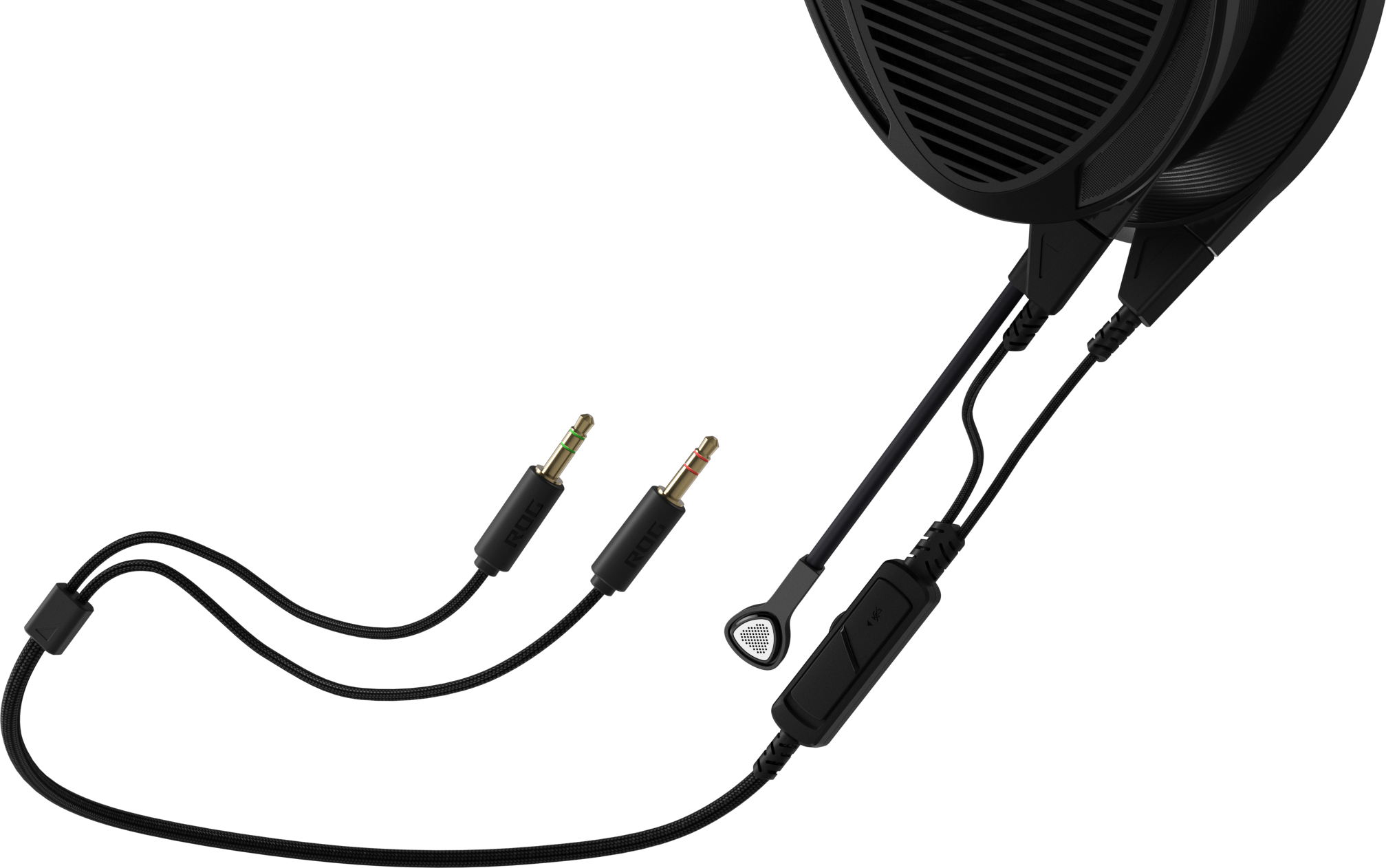 Cuffie nere con due jack, microfono e controllo del volume.