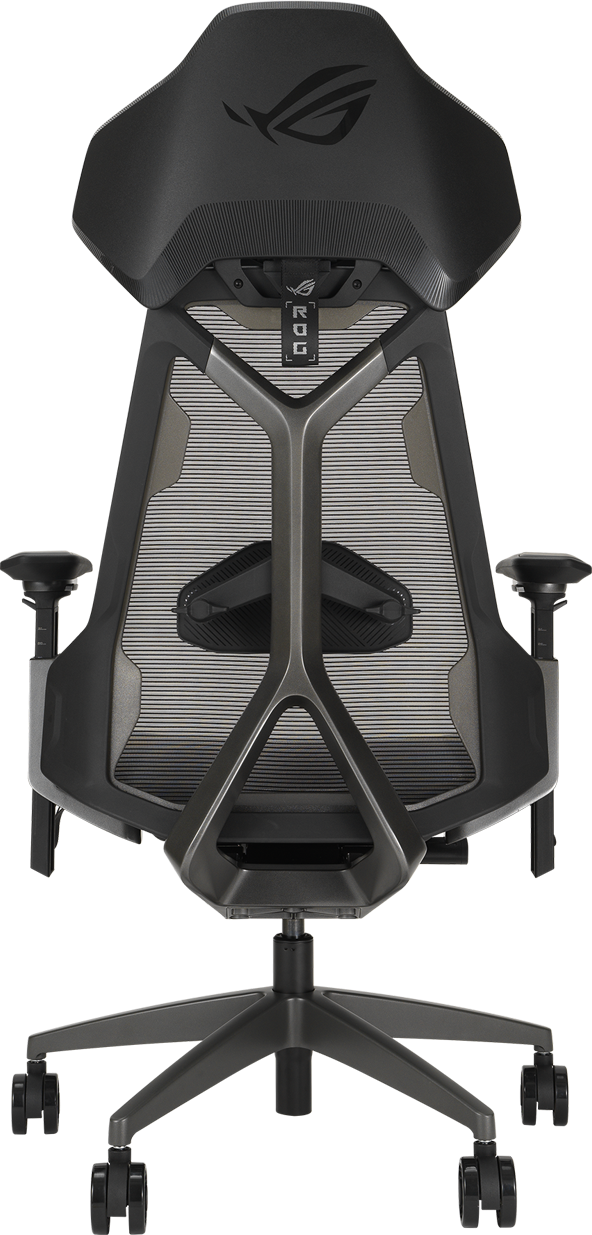 Rückansicht eines schwarzen Gaming-Stuhls mit ROG-Logo und Netzrückenlehne.