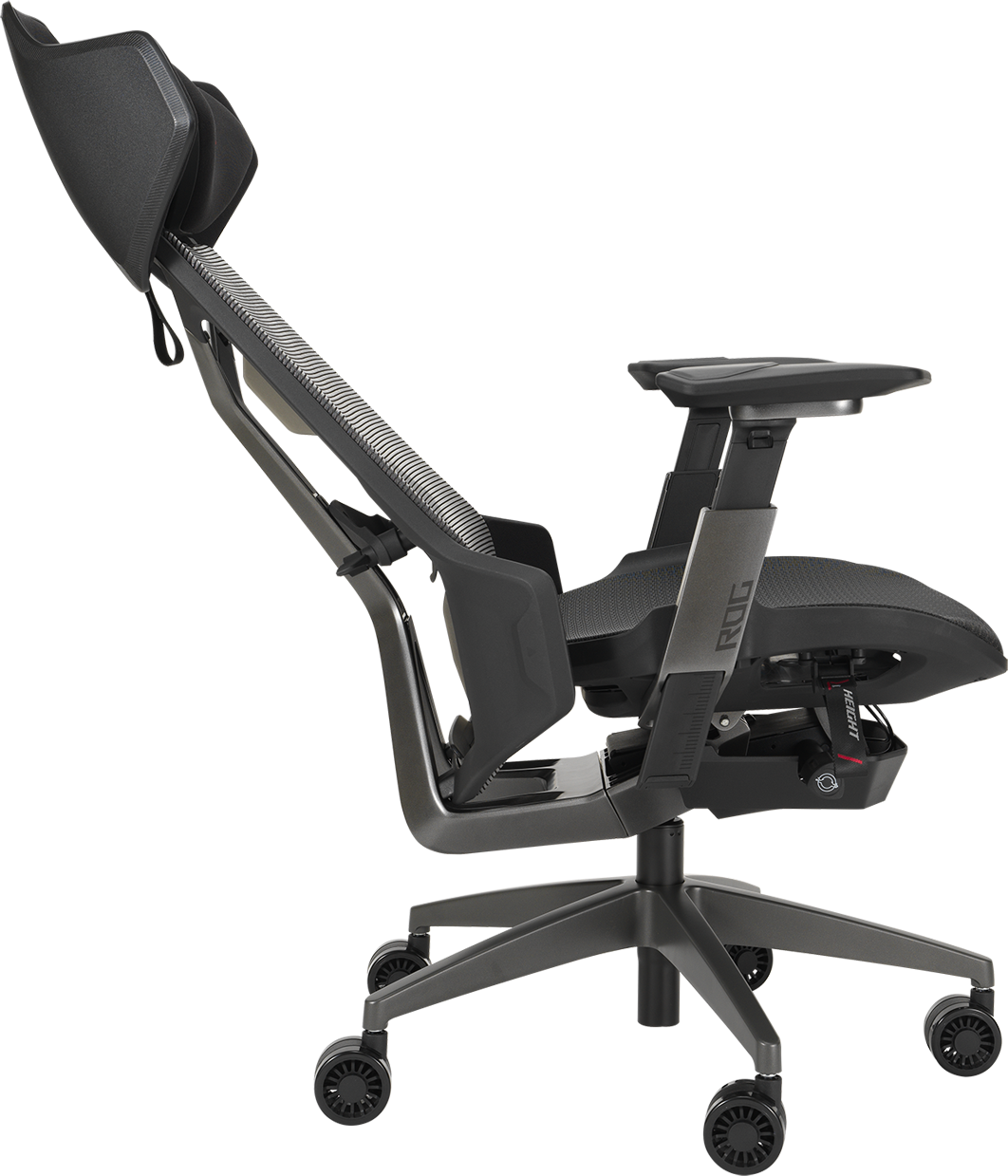 Ein schwarzer ergonomischer Gaming-Stuhl mit verstellbarer Kopfstütze, Lendenwirbelstütze und Armlehnen.