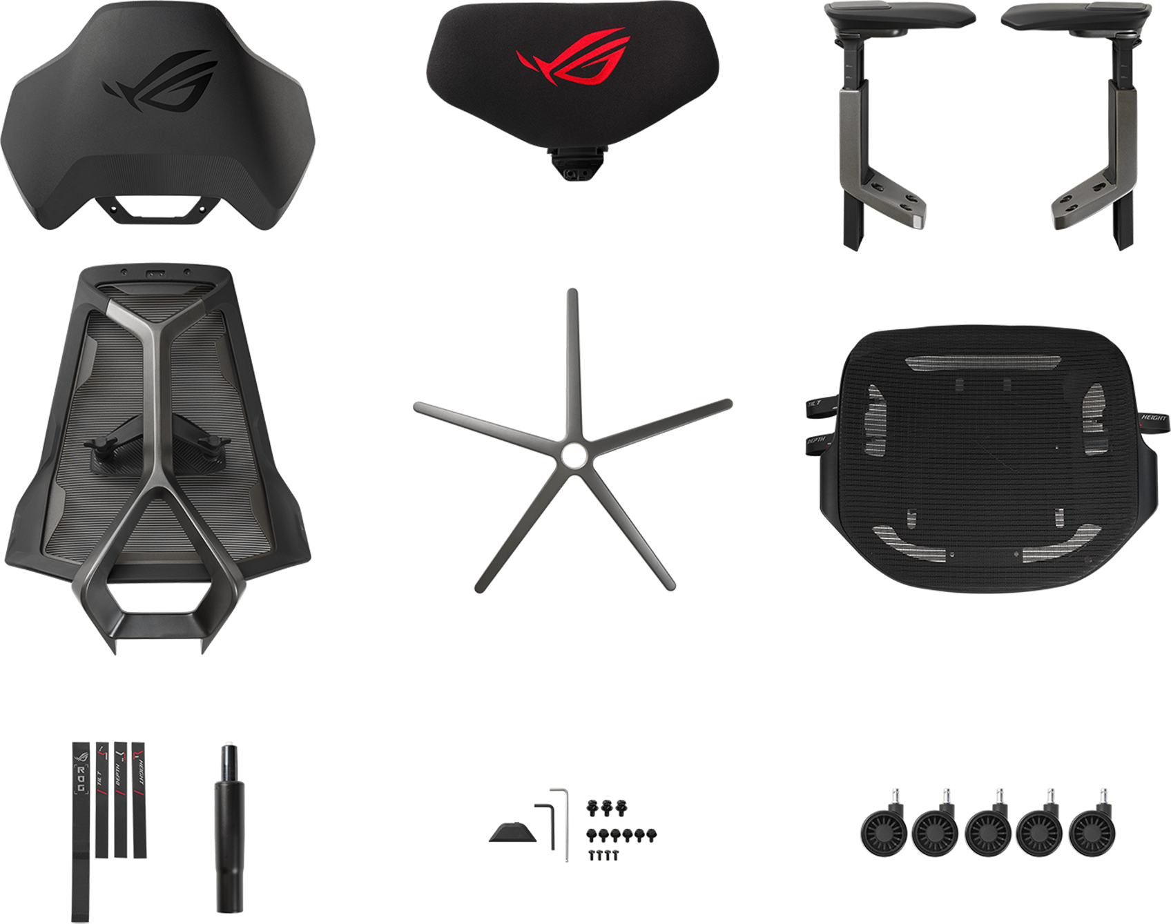 Gaming-Stuhlteile: Sitz, Rückenlehne, Armlehnen, Basis, Räder, Gaslift und Schrauben.