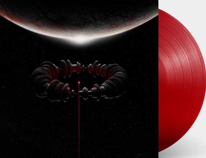 Ein rotes Vinyl-Schallplatten-Cover mit einem dunklen Weltraum-Thema, das einen Ring und einen Planeten zeigt.