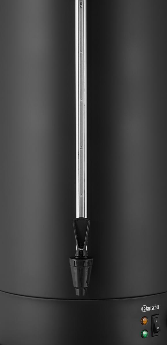 Schwarzer Wasserkocher mit Messstab und Zapfhahn. Bartscher Logo unten rechts.