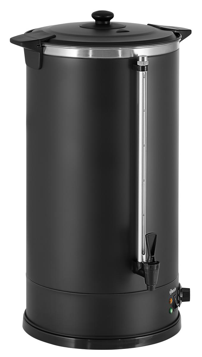 Eine schwarze Kaffeemaschine mit Zapfhahn und Wasserstandsanzeige.