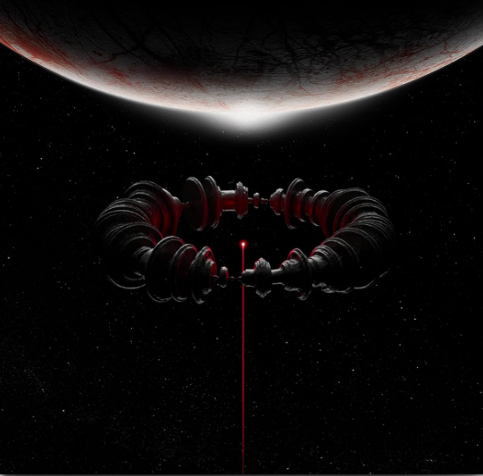 Eine dunkle, ringförmige außerirdische Struktur mit roten Lichtern im Weltraum, nahe einem rot gestreiften Planeten.