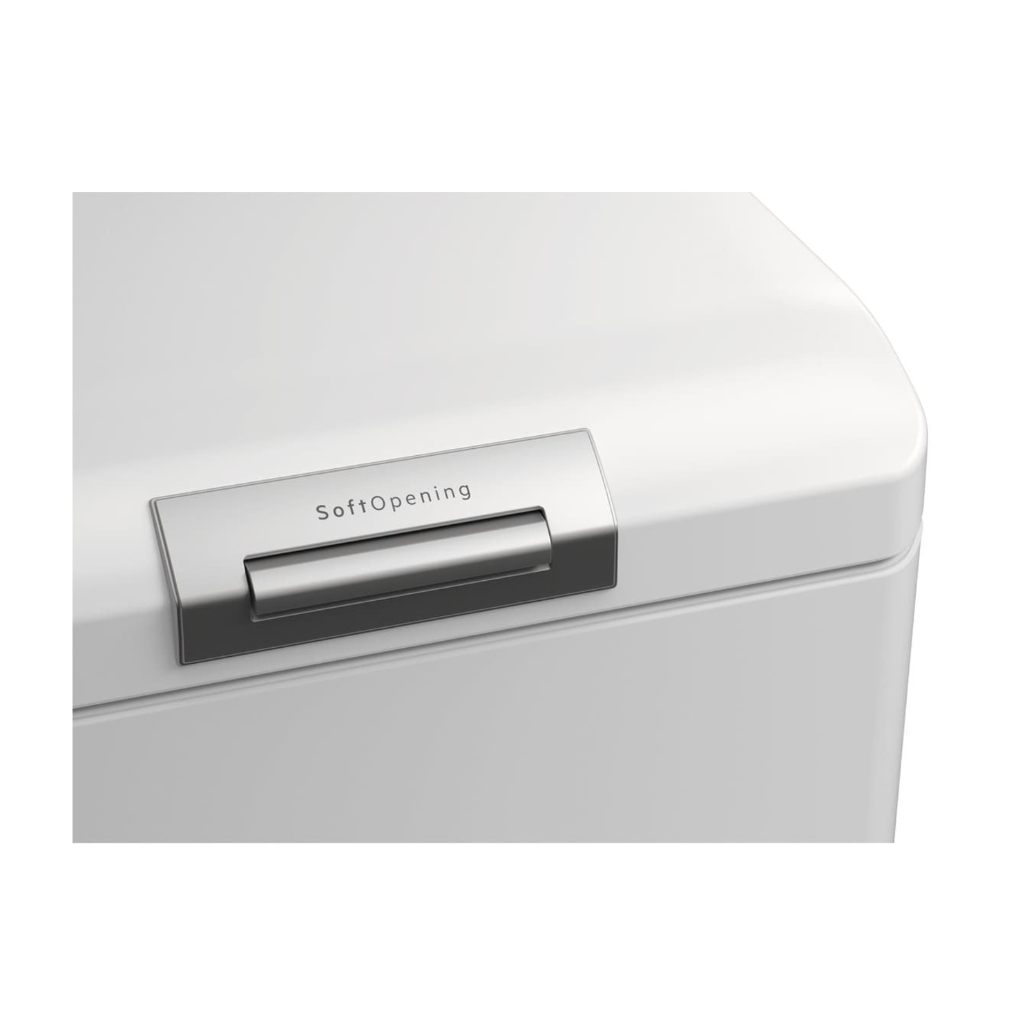 Un contenitore bianco con maniglia argentata e scritta "SoftOpening".