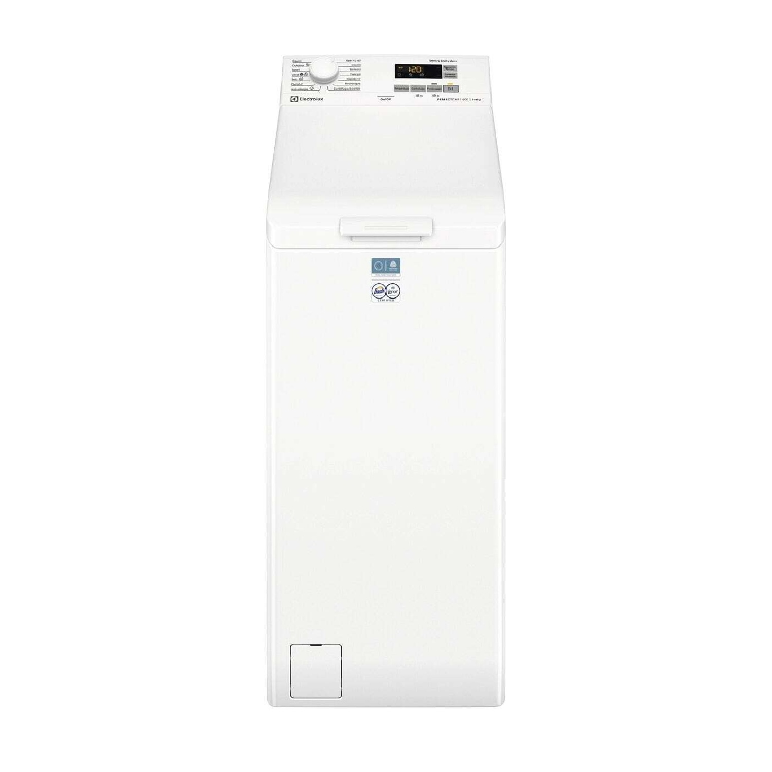Una lavatrice bianca Electrolux con display digitale e pannello di controllo.