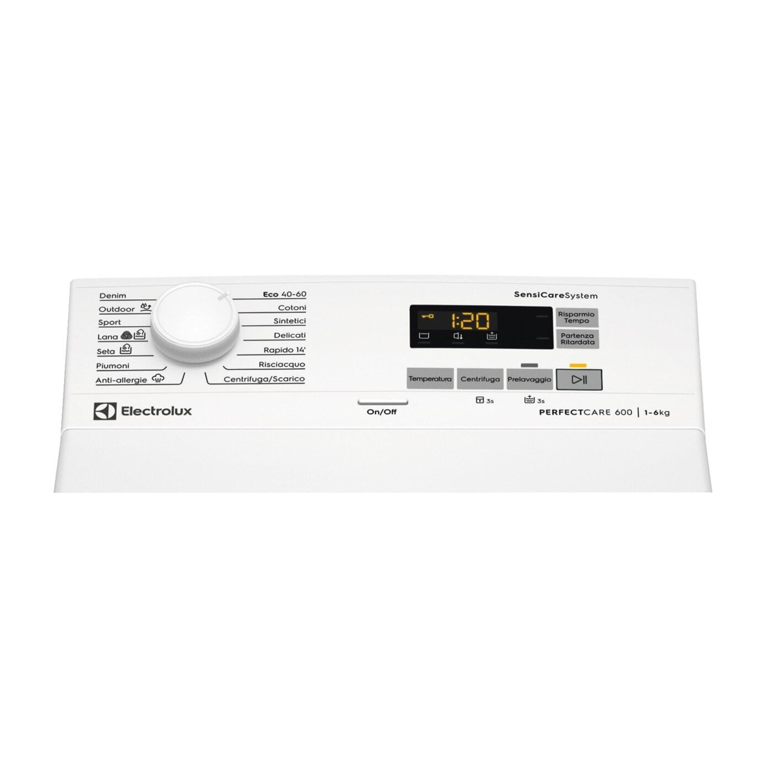 Pannello di controllo di una lavatrice Electrolux bianca con selezione programma e display digitale.