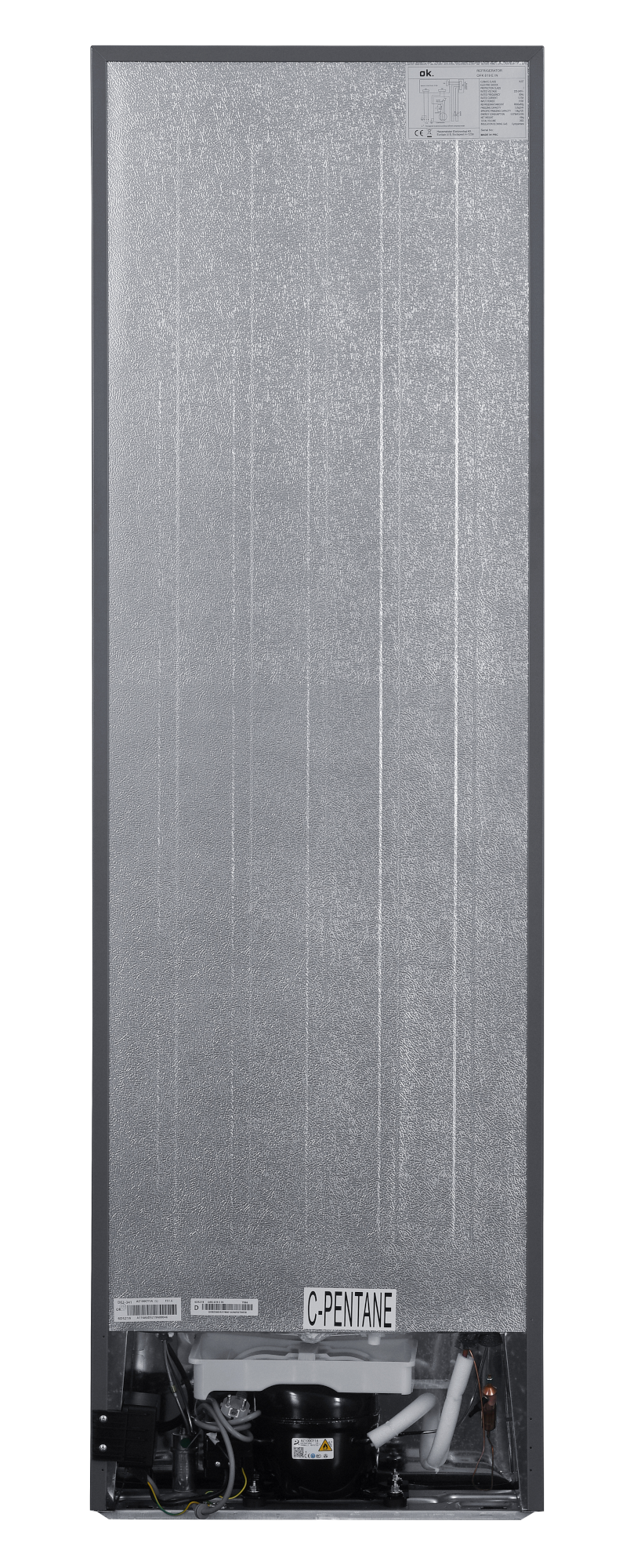 Hűtőszekrény hátulja, alul kompresszorral és ventilátorral.