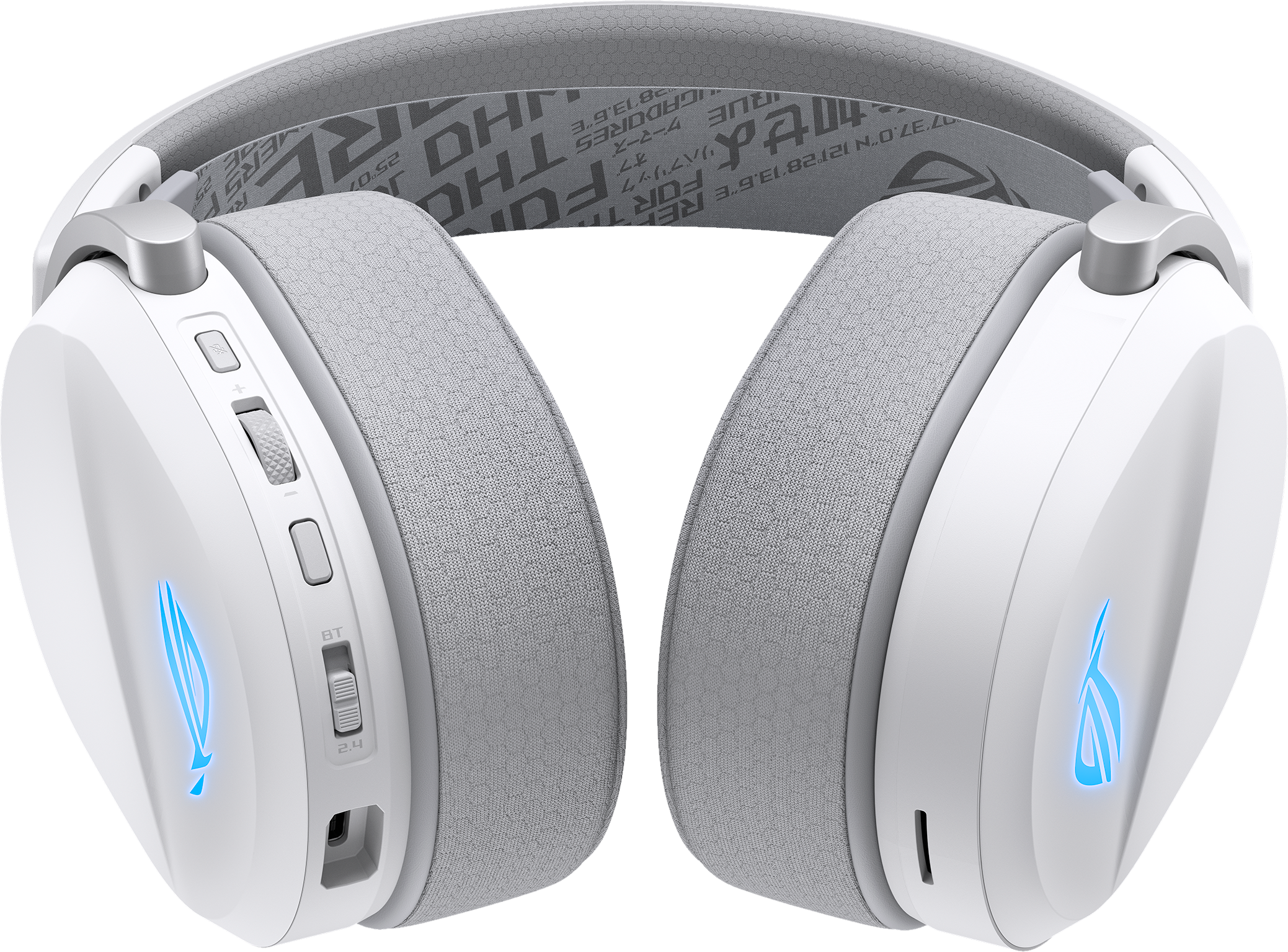 Cuffie bianche con tessuto grigio e logo blu illuminato. Pulsanti di controllo e interruttore.