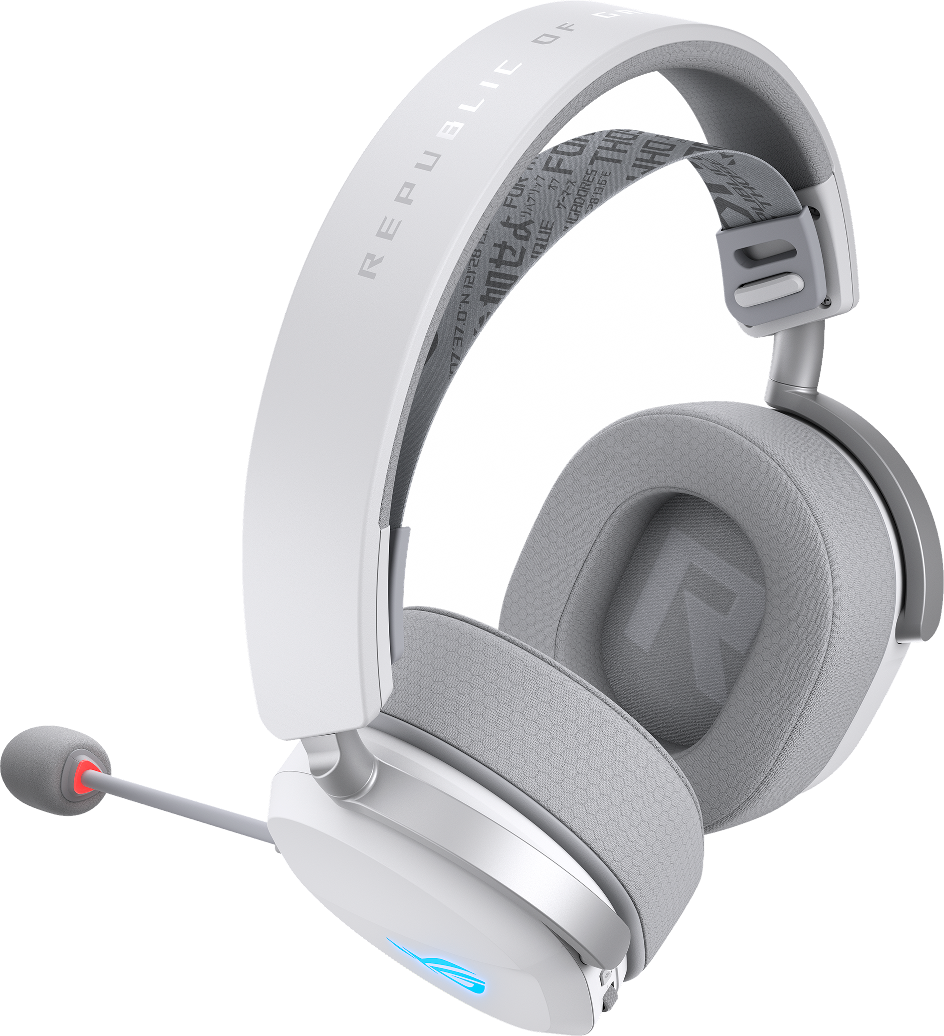 Cuffie da gaming bianche con microfono e logo ROG blu.