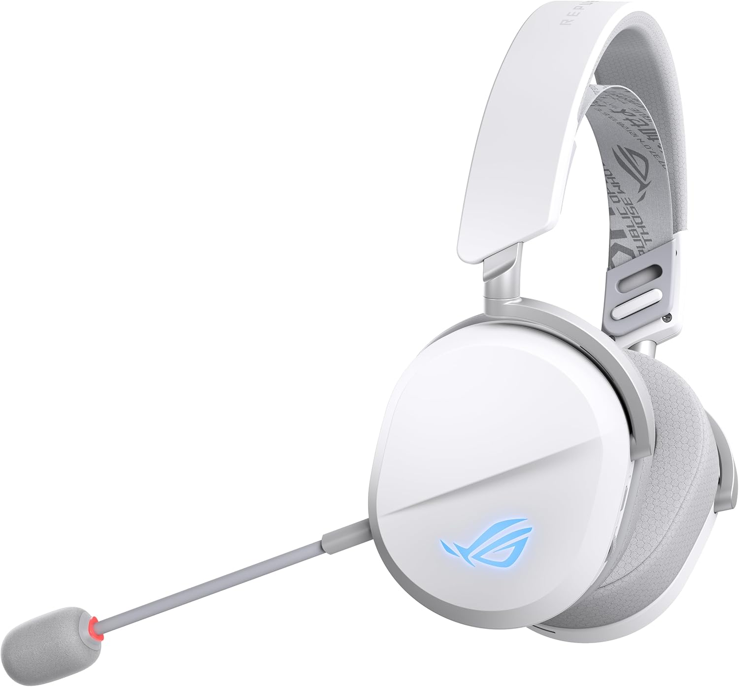 Cuffie gaming bianche con logo blu e microfono grigio con luce rossa.