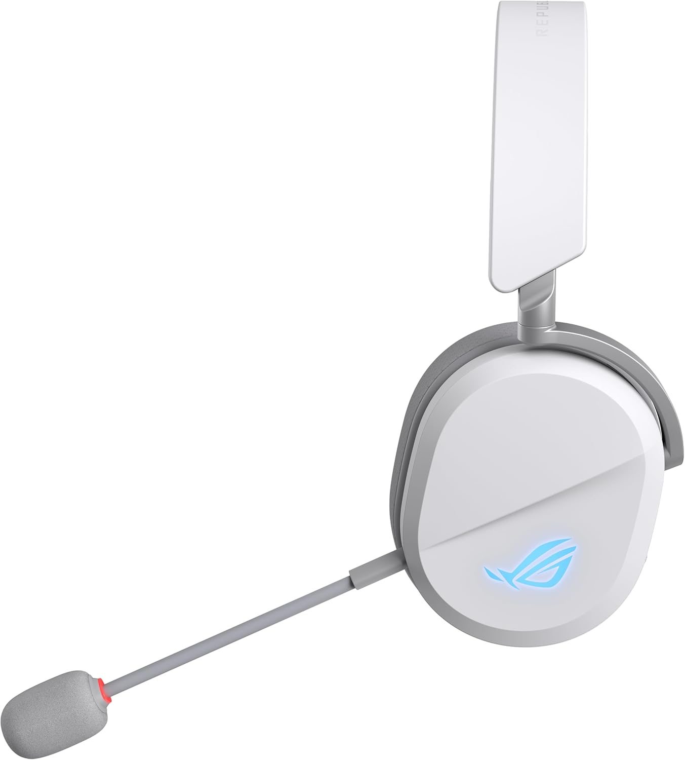 Cuffie bianche con microfono e logo ROG blu luminoso.