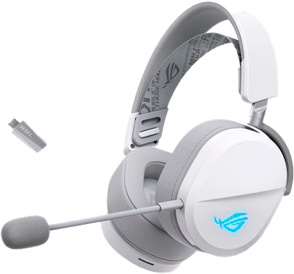 Cuffie bianche con microfono e dongle USB. Il logo ROG brilla di blu.