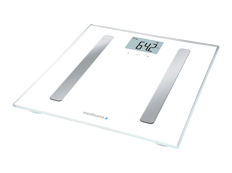 Báscula inteligente - Medisana BS A46, Máximo peso 180 kg, Pantalla LCD, 4 Sensores de galga, Bluetooth, Blanco