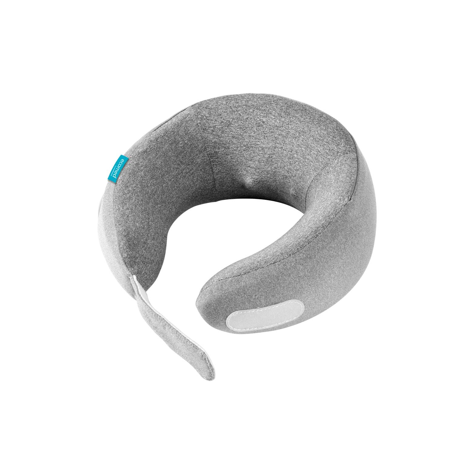 Almohada de cuello gris con logo azul y correa de velcro blanca.