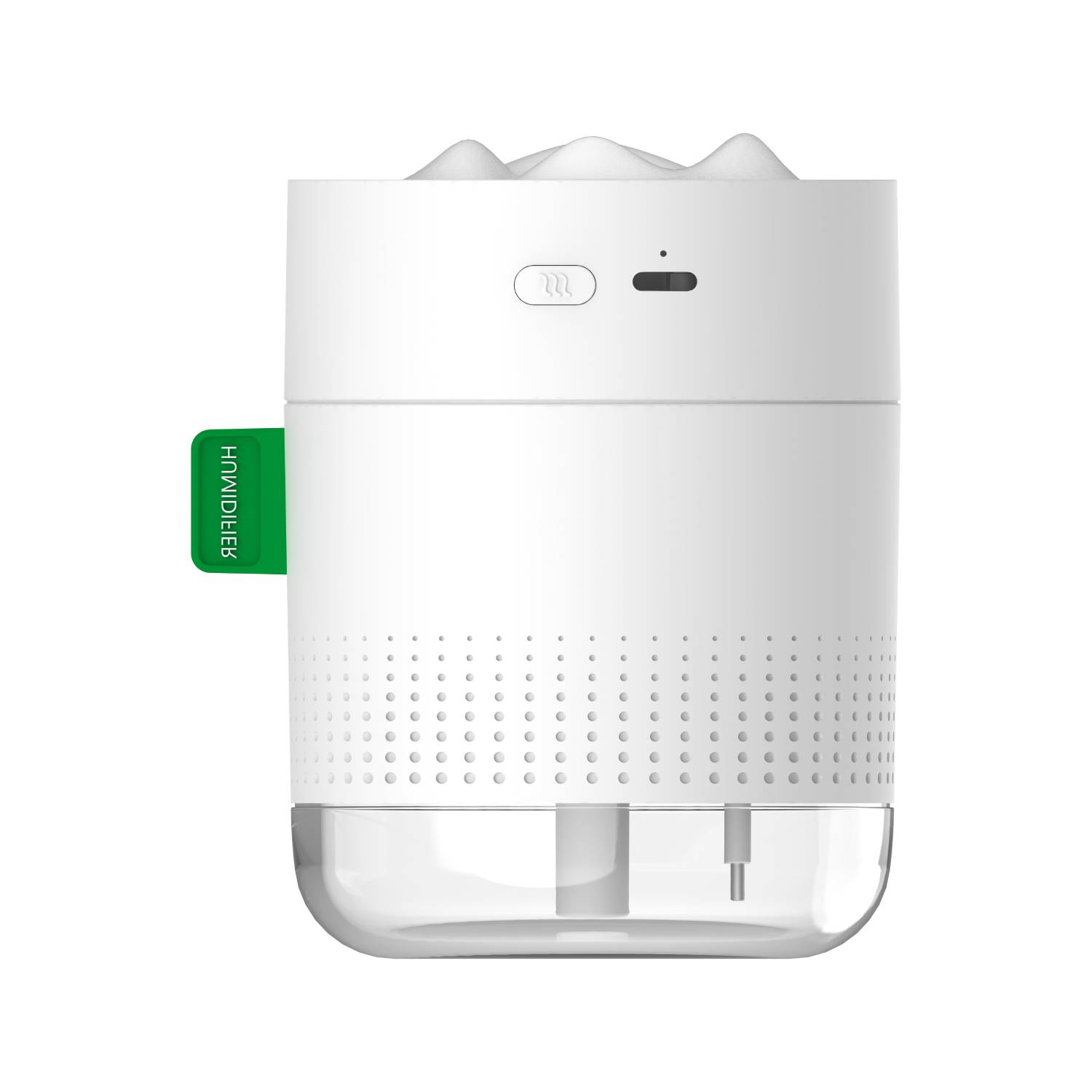 Un humidificador blanco con base transparente y etiqueta verde.
