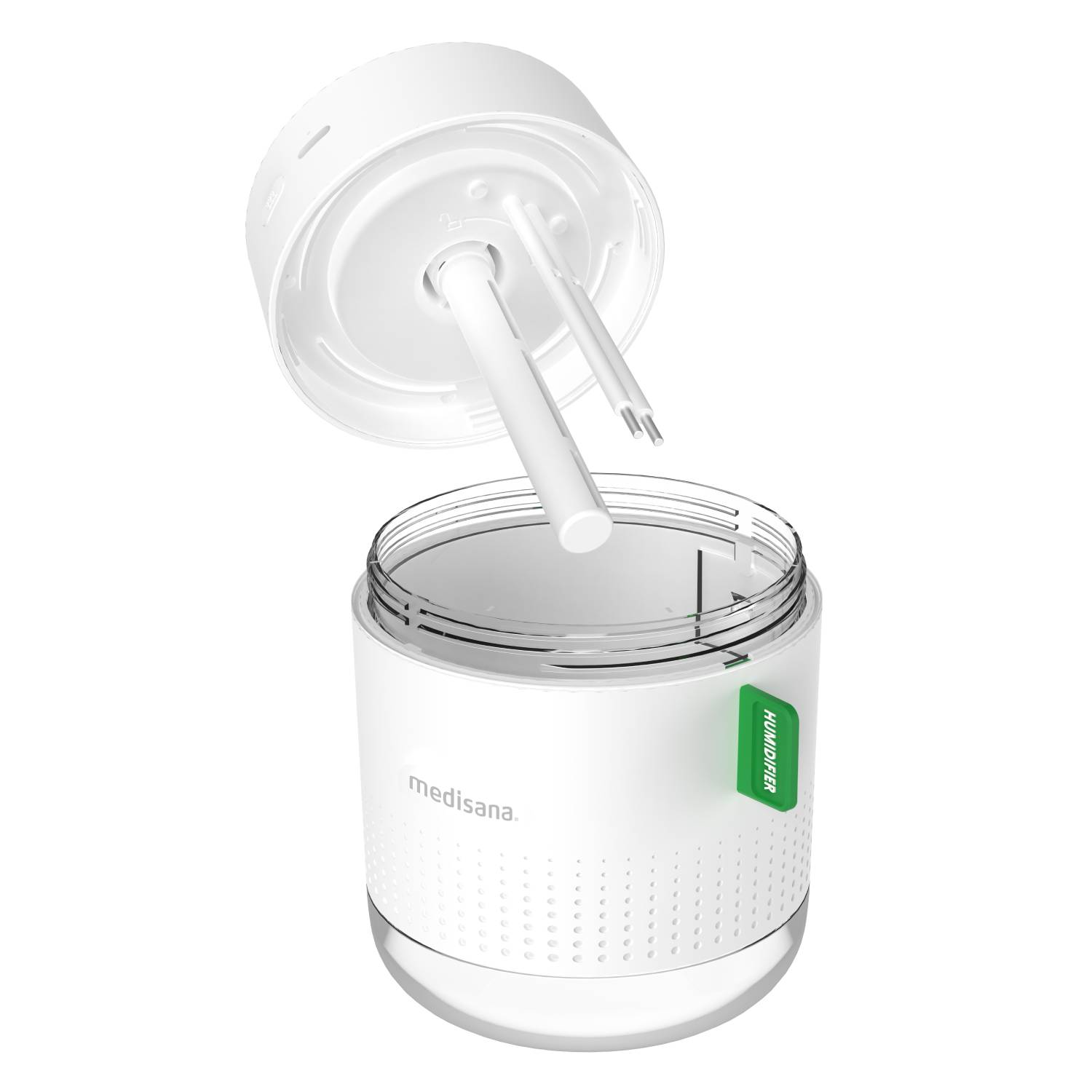 Un humidificador Medisana blanco con la tapa abierta, mostrando la cámara de agua.