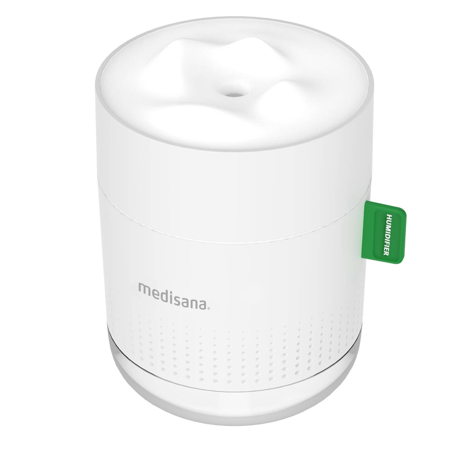 Un humidificador blanco con logo medisana y pestaña verde "HUMIDIFIER".