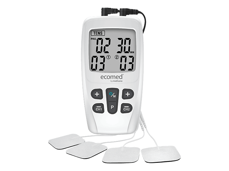 Electroestimulador - Medisana TT-15E, 40 niveles de intensidad, Terapia TENS, 4 electrodos, Funciona con pilas AAA, Blanco