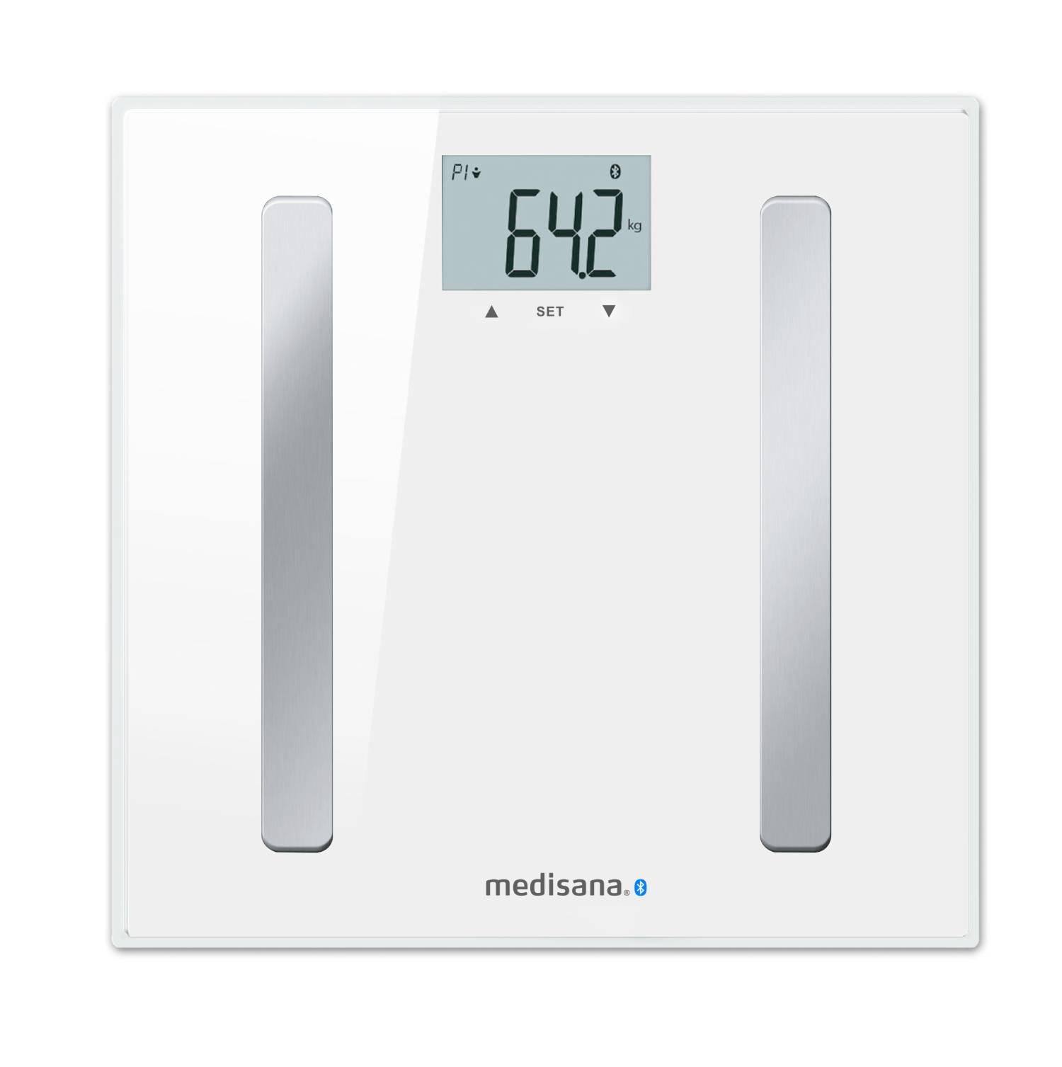 Báscula digital blanca con tiras metálicas plateadas y pantalla mostrando 64,2 kg.