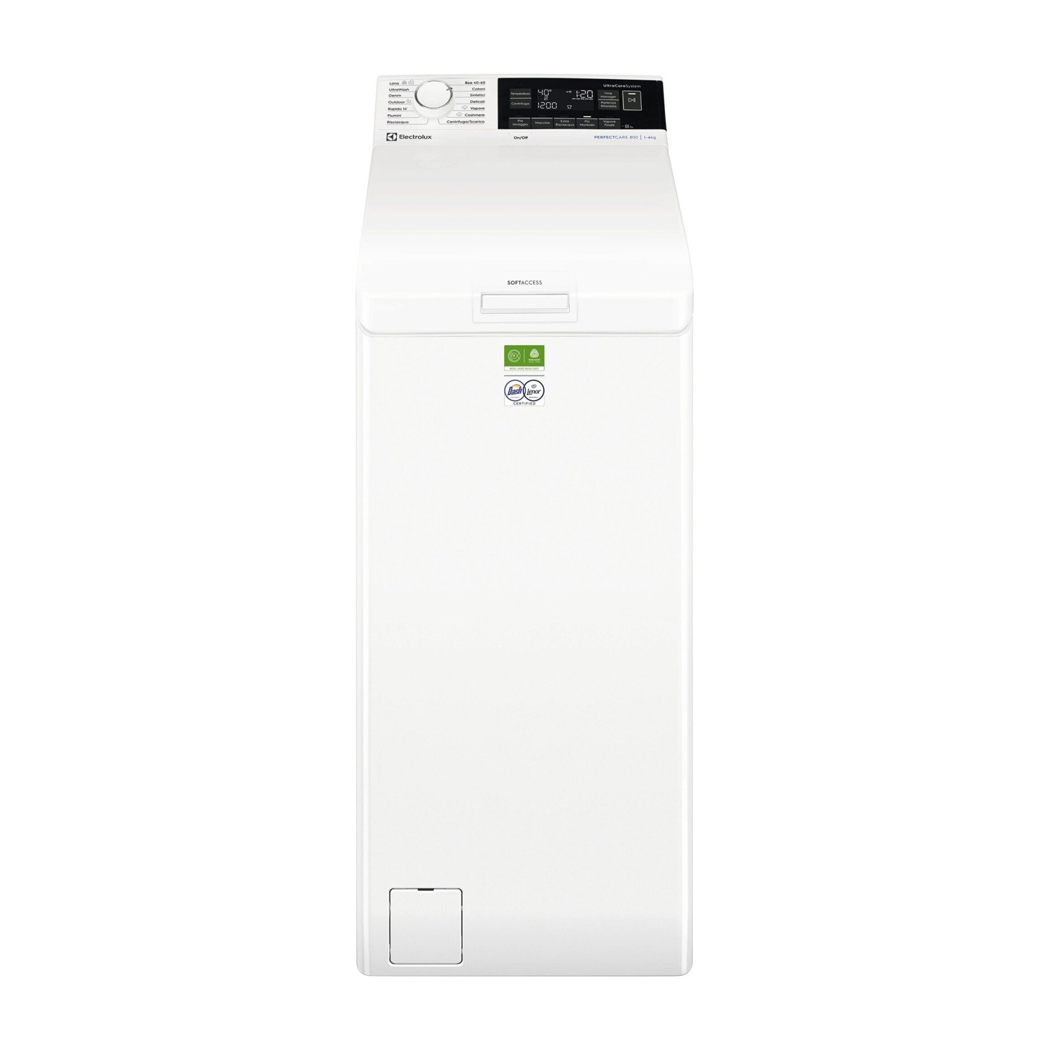Una lavatrice bianca Electrolux con display digitale e pannello di controllo.