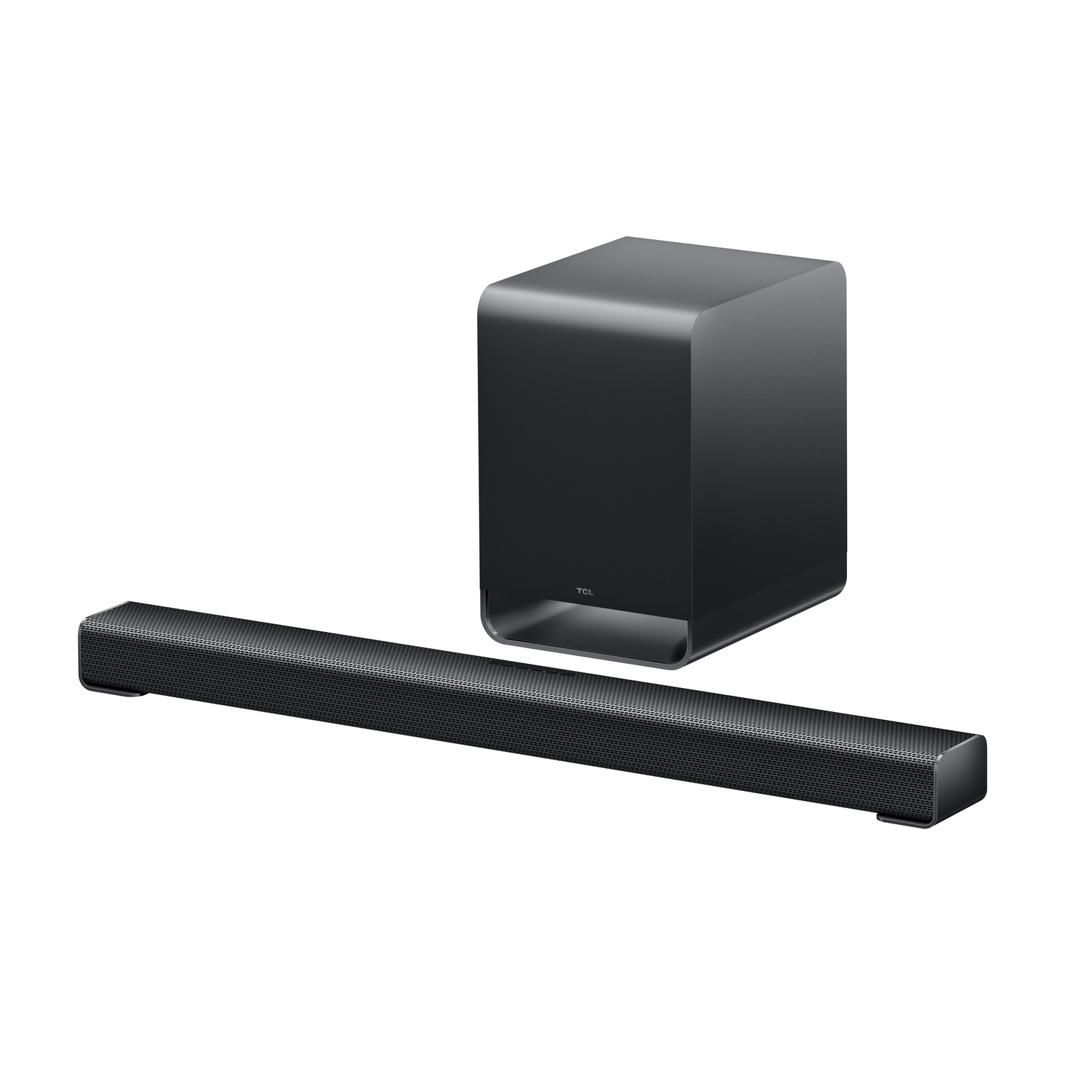 Soundbar e subwoofer neri con angoli arrotondati su sfondo bianco.