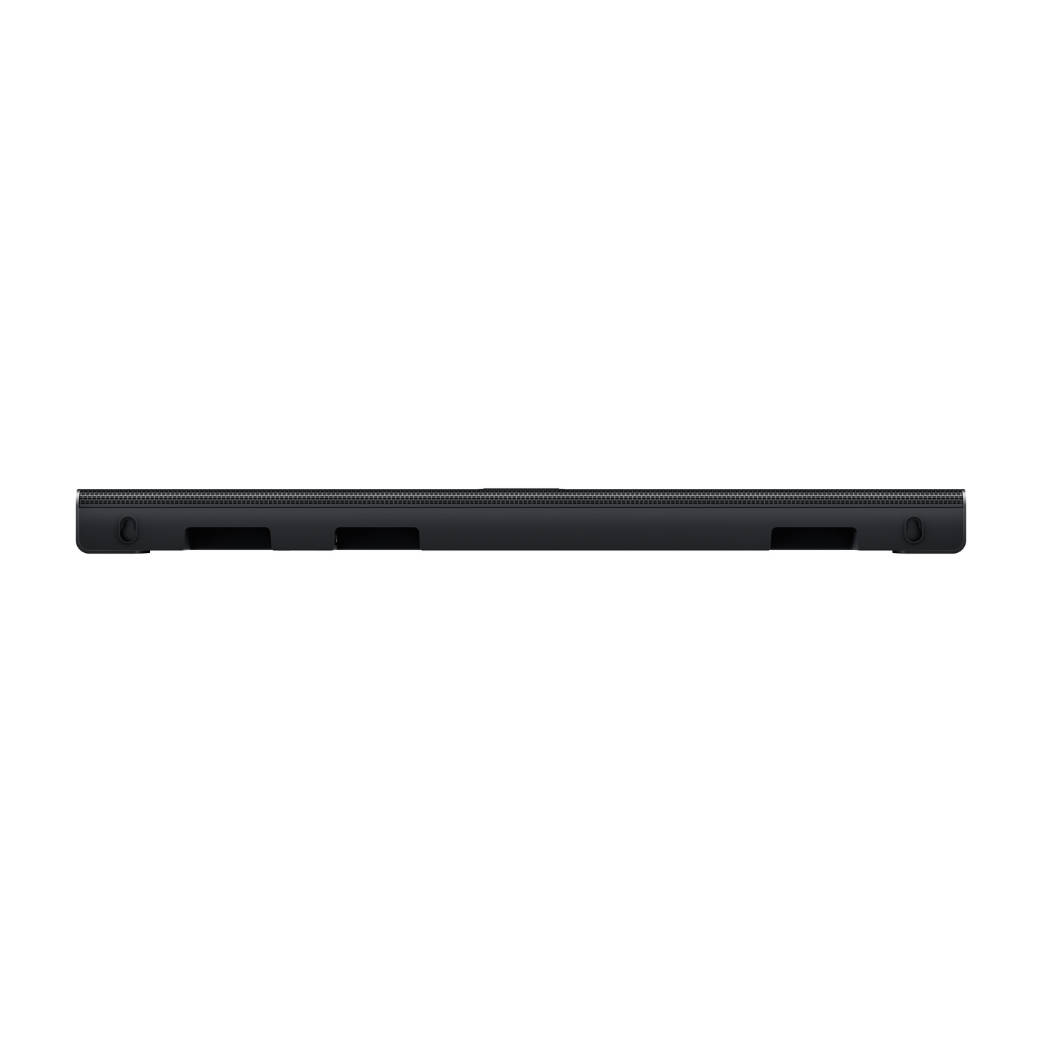 Soundbar nera con frontale testurizzato e pulsanti circolari sui lati.