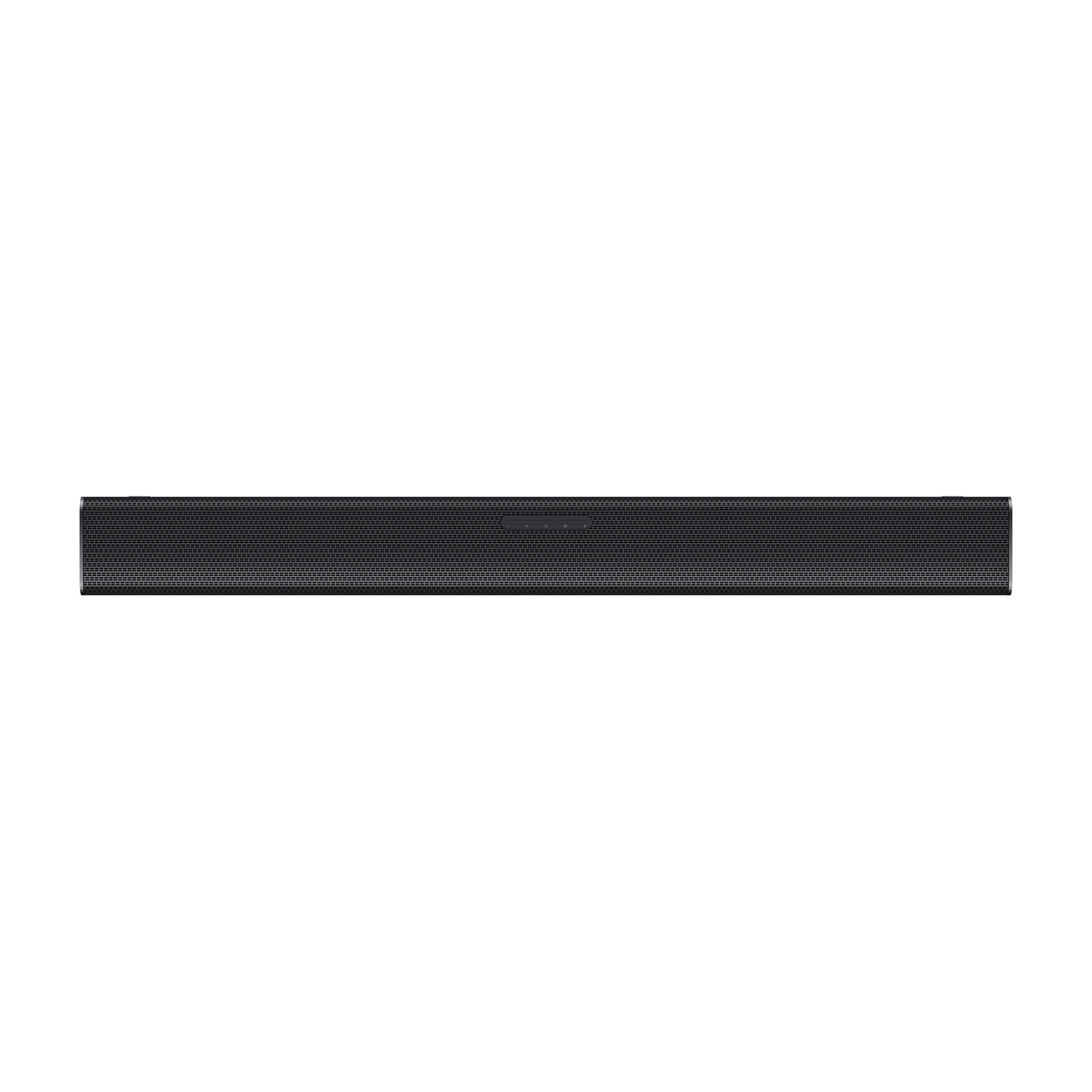 Soundbar rettangolare nera con griglia frontale a maglia fine.