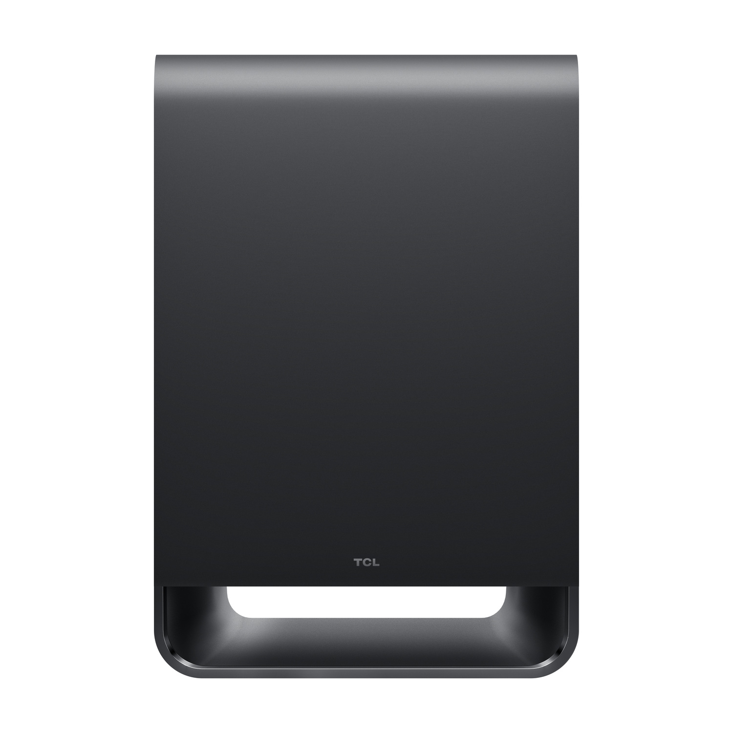 Un subwoofer TCL scuro con bordi arrotondati e un ritaglio sul fondo.