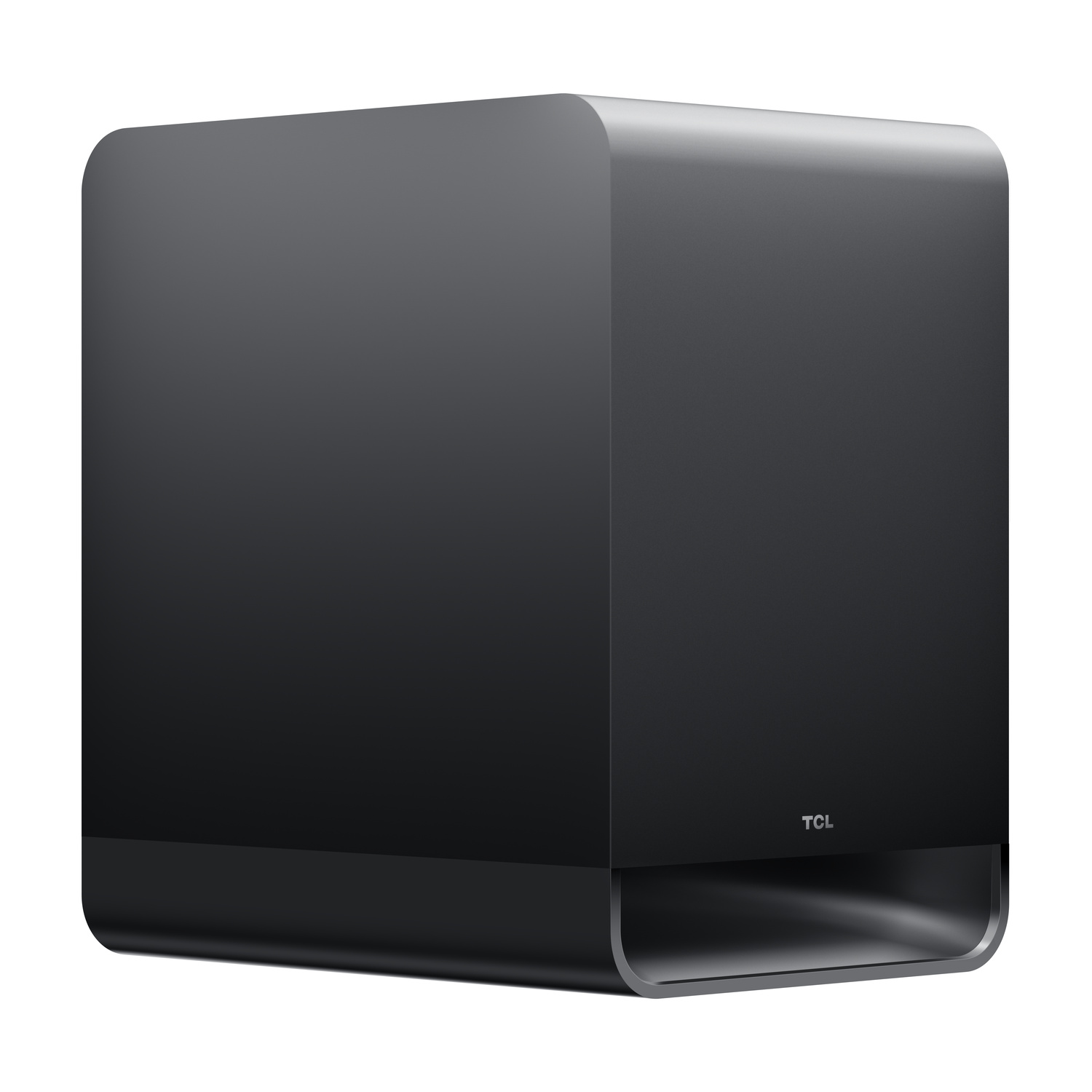Subwoofer TCL nero con bordi arrotondati e apertura inferiore.