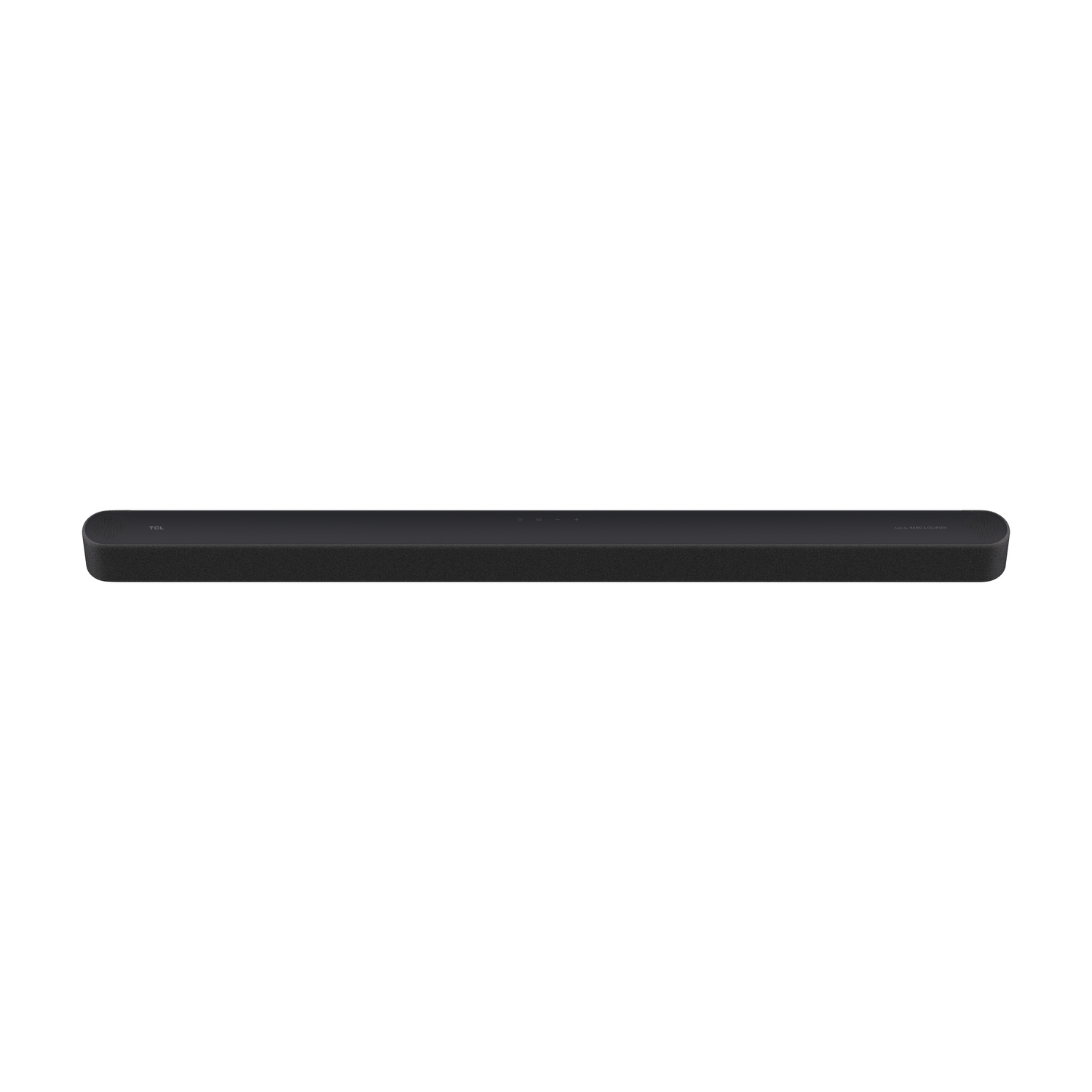 Soundbar TCL nero con pulsanti e logo argentati.