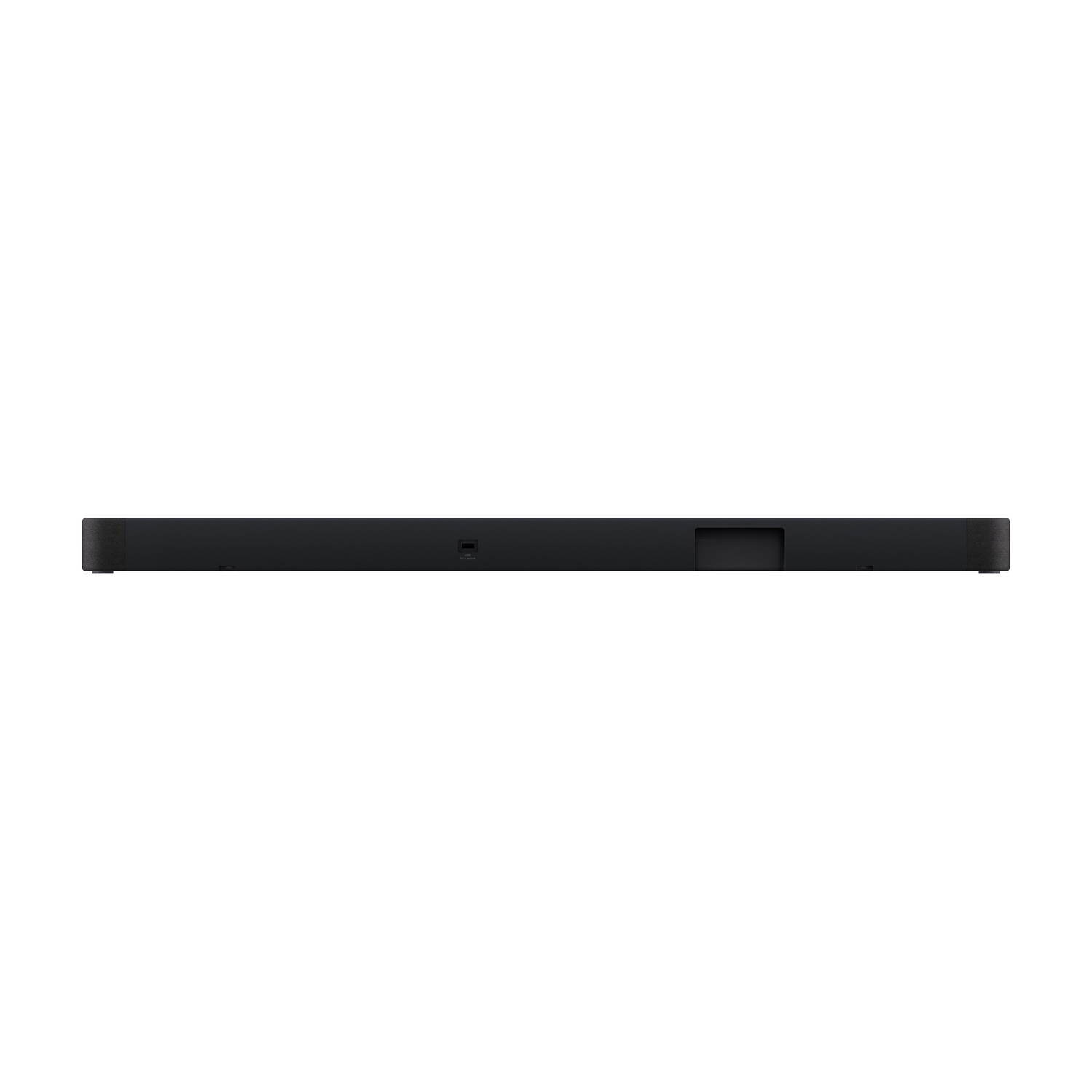 Soundbar nero con porte posteriori visibili.