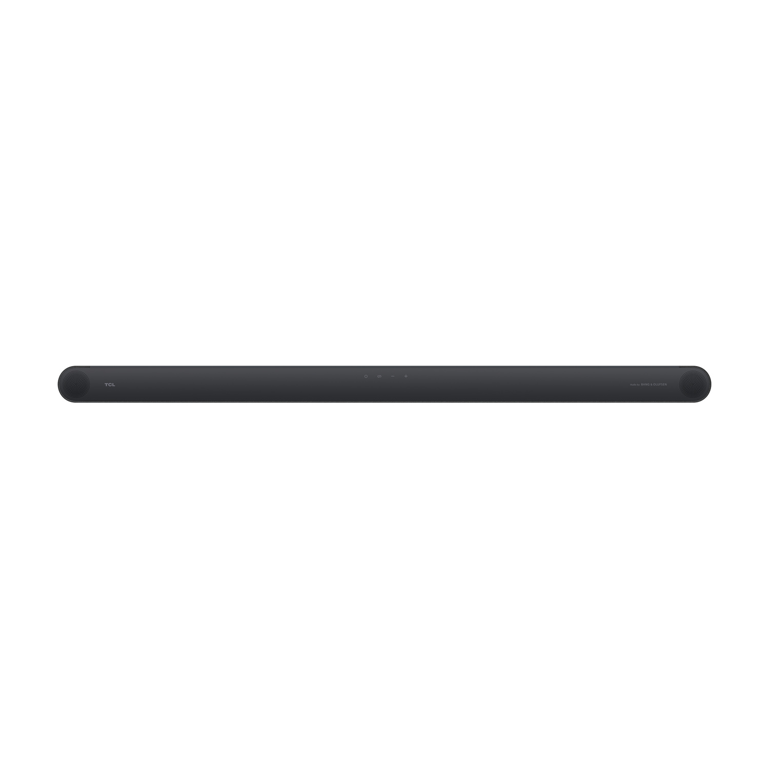 Una soundbar TCL nera con pulsanti e altoparlanti su sfondo bianco.