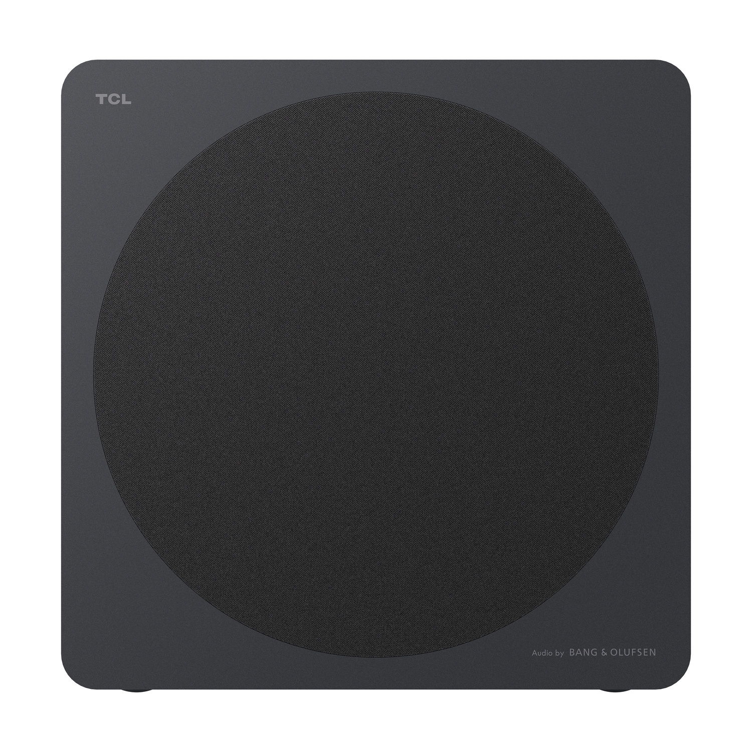 Un subwoofer scuro e rotondo con loghi TCL e Audio by Bang & Olufsen.